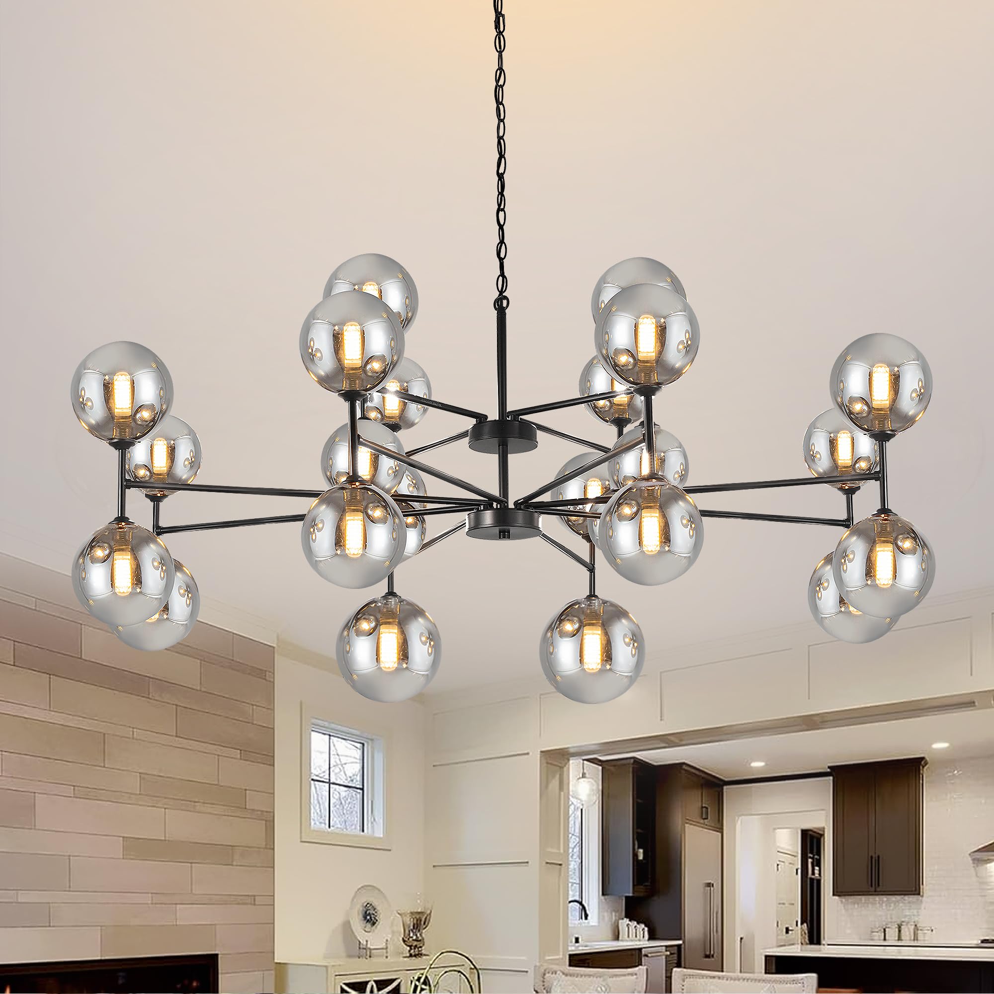uznhty Black Chandelier 47" Foyer Chandeliers for High Ceilings 24 Lights Large Grey Glass Globe Sputnik Dining Room Light Fixture Modern Farmhouse