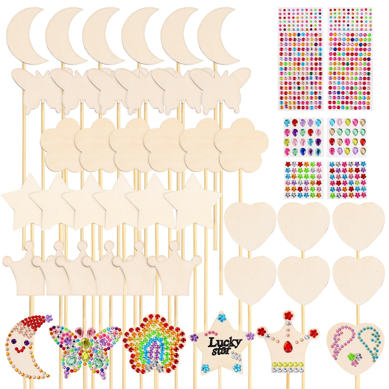 TOYANDONA Fairy Wand Craft Kit - 36 Pcs Unfinished Wooden Princess Wands Set with 8 Rhinestone Gem Sticker Sheets for DIY Arts and Crafts Projects, Painting, Graffiti,Birthday Party Favors