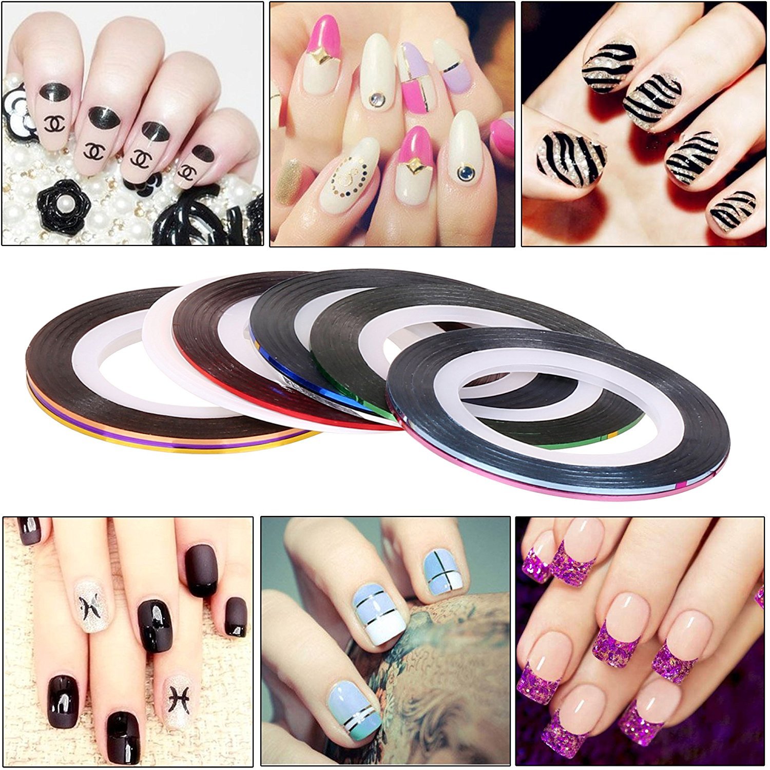 Gugzy® 5pc 2 Way Marbleizing Dotting Pen Set for Nail Art Manicure Pedicure+10 Color Rolls Nail Art Decoration Striping Tape 3