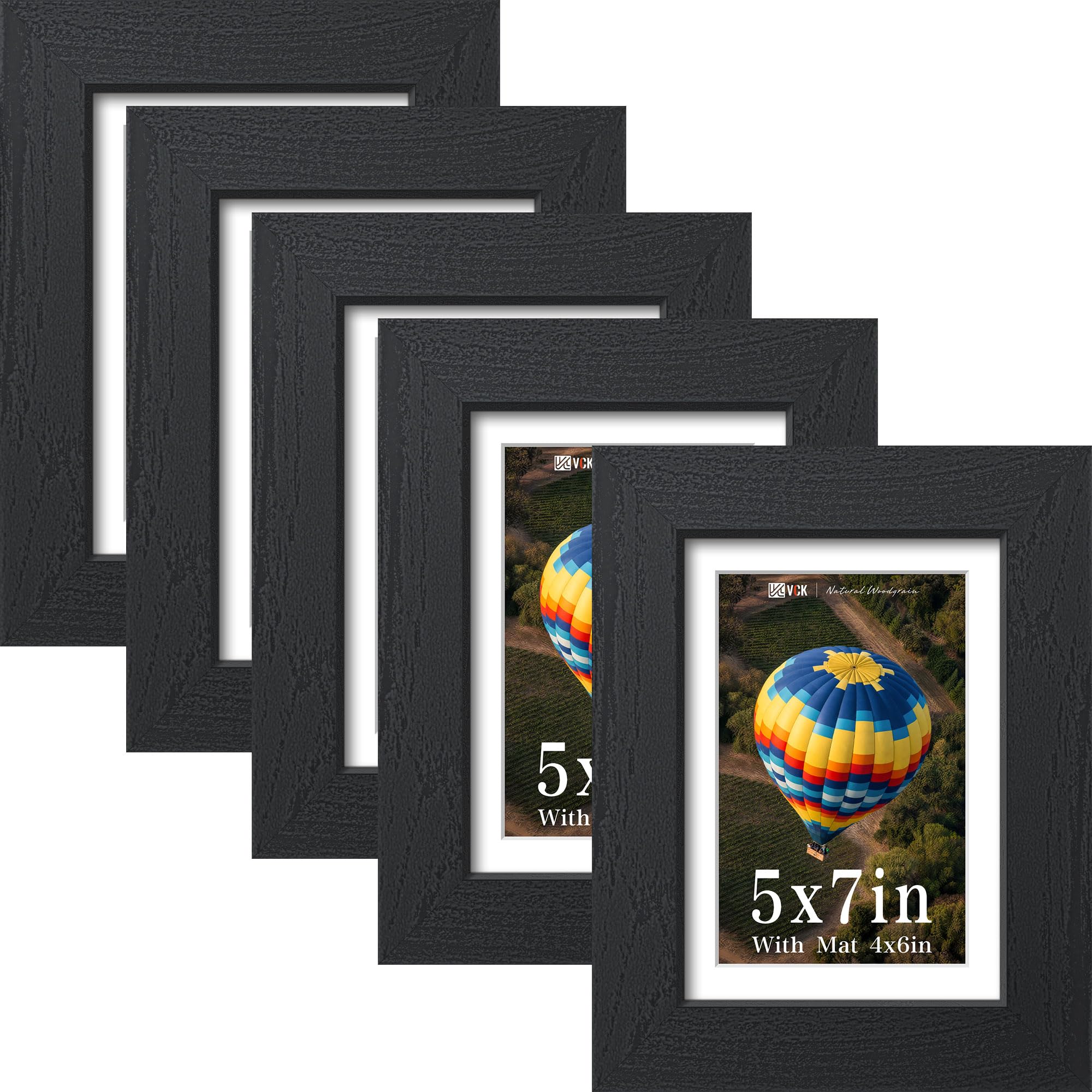 VCK 5x7 Picture Frame 5 Pack, Black Exclusive Wood, Real Glass, for Photo