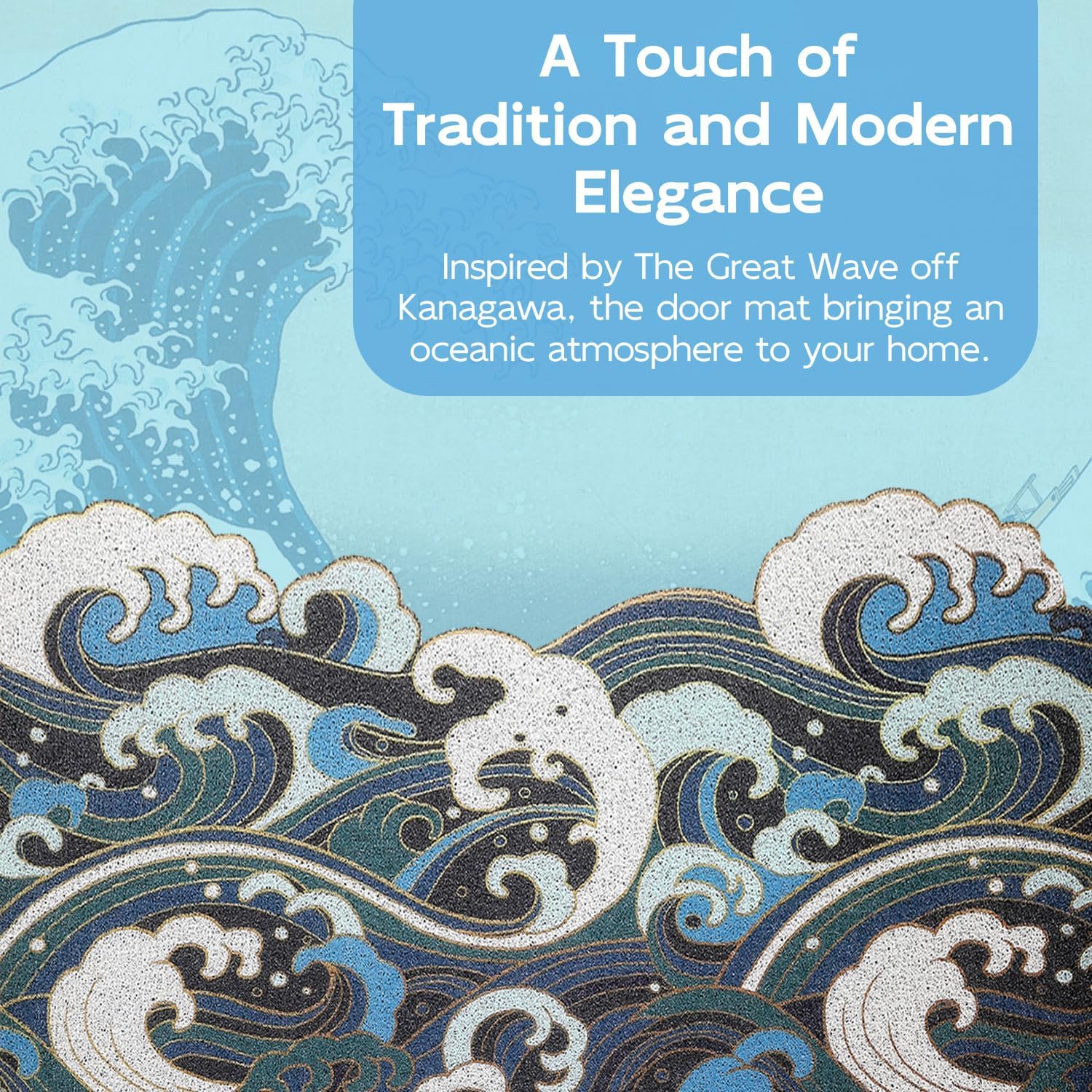 Blue Wave Ocean Mat, Beach Doormat for Entryway, Non-Slip Outdoor Rug, Durable Door Mat with Coastal Design 17.7" x 29.5"