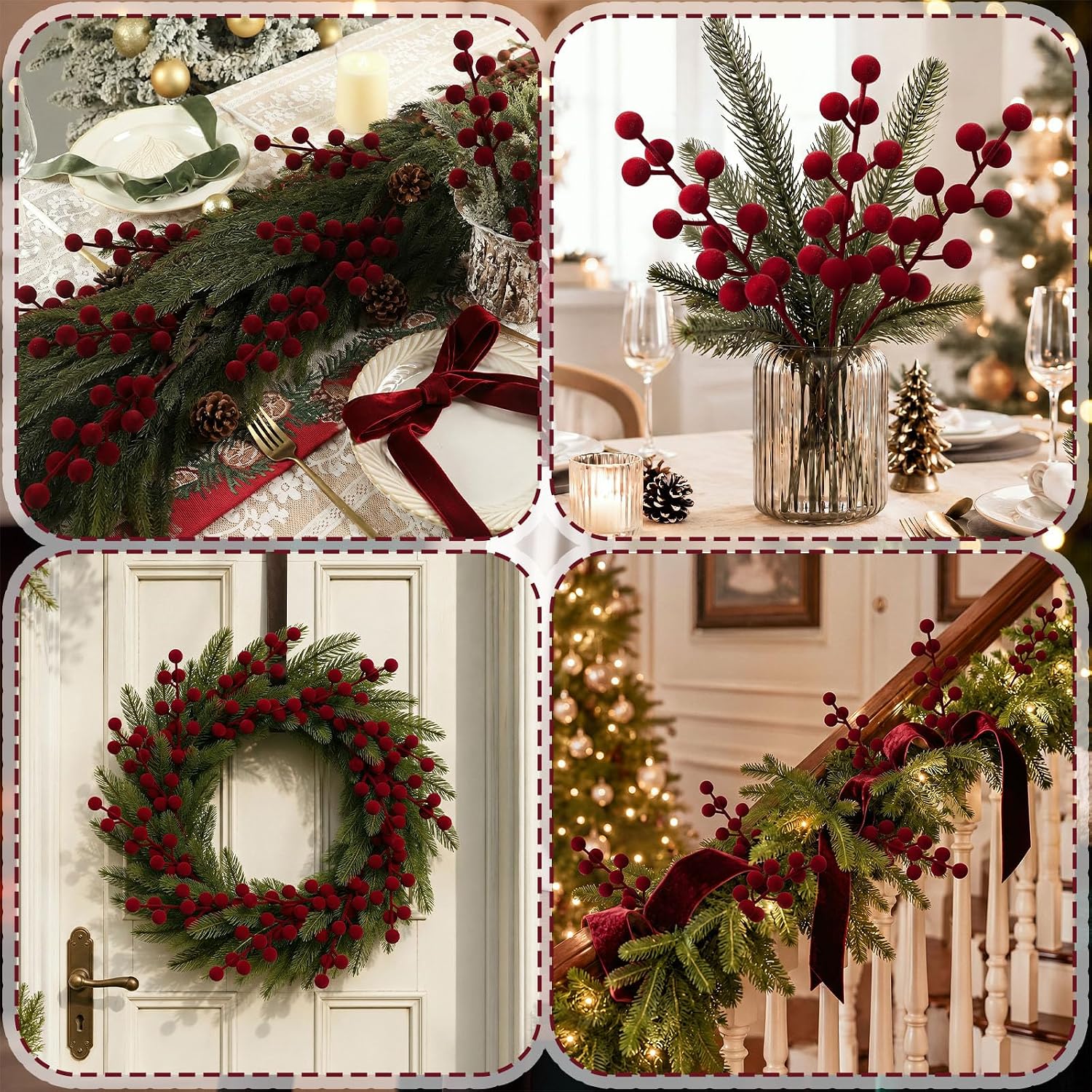 60 Pcs Burgundy 8 Inch Christmas Holly Berry Stems