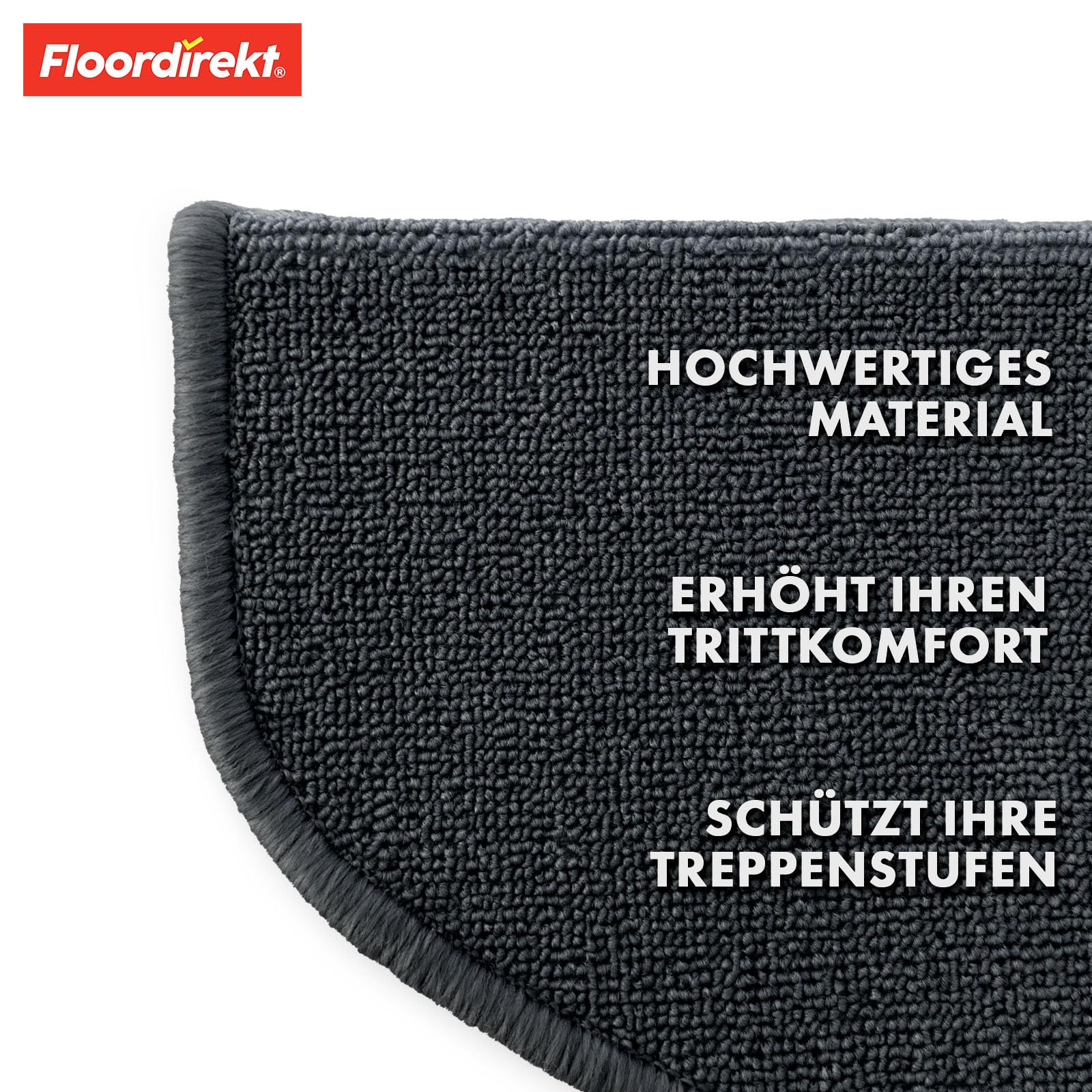 Floordirekt 1x Treppenstufen Matten, Stufenmatten innen für Treppe, Treppenteppich, selbstklebend, Teppich für Treppenstufen, Treppenschutz, Stufenteppich (London, Anthrazit, 65x23 cm, Halbrund)