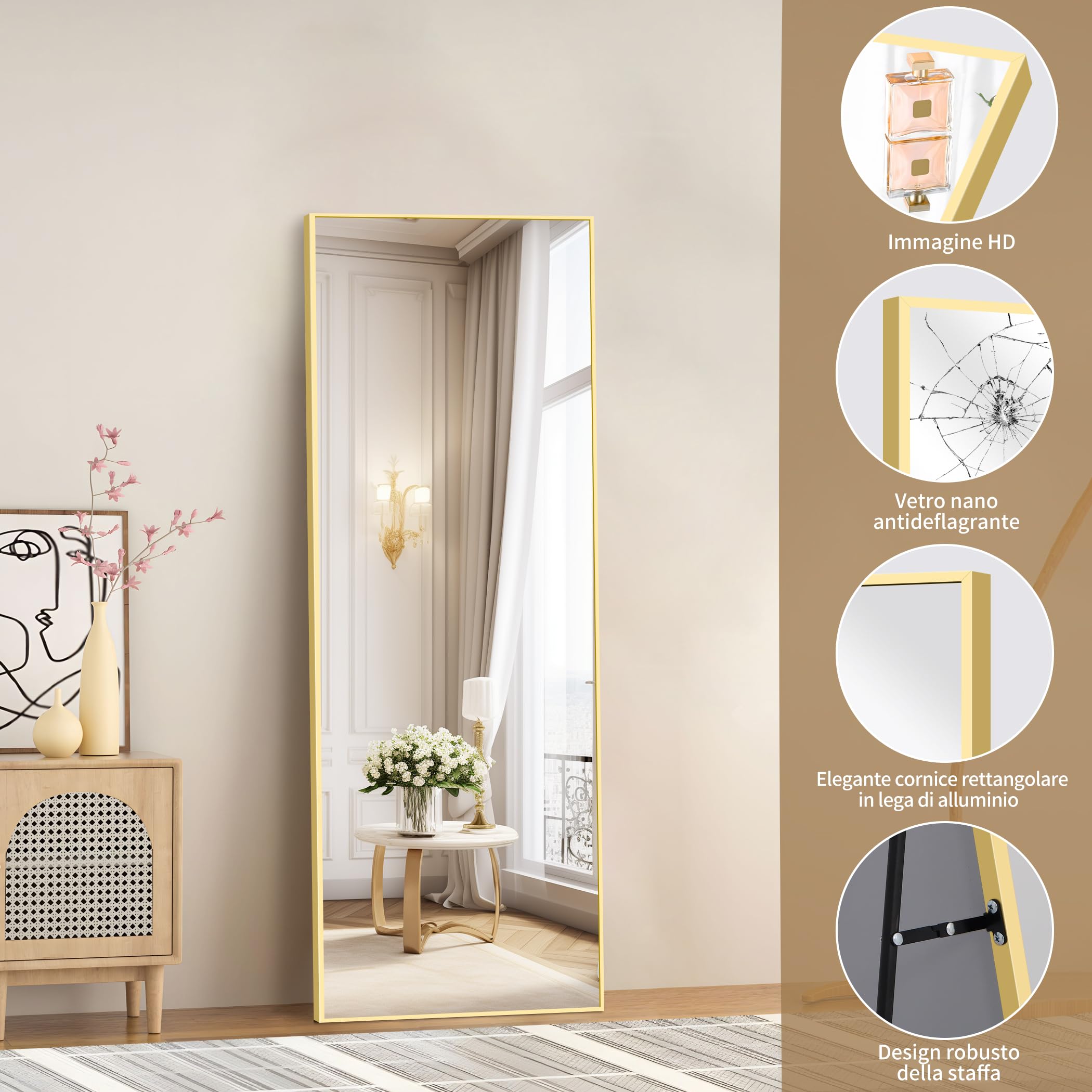 KOCUUY Specchio rettangolare per tutto il corpo, 147 x 44 cm, grande specchio da parete con cornice in alluminio dorato, da appendere, in piedi, inclinabile, per soggiorno, camera da letto e corridoi