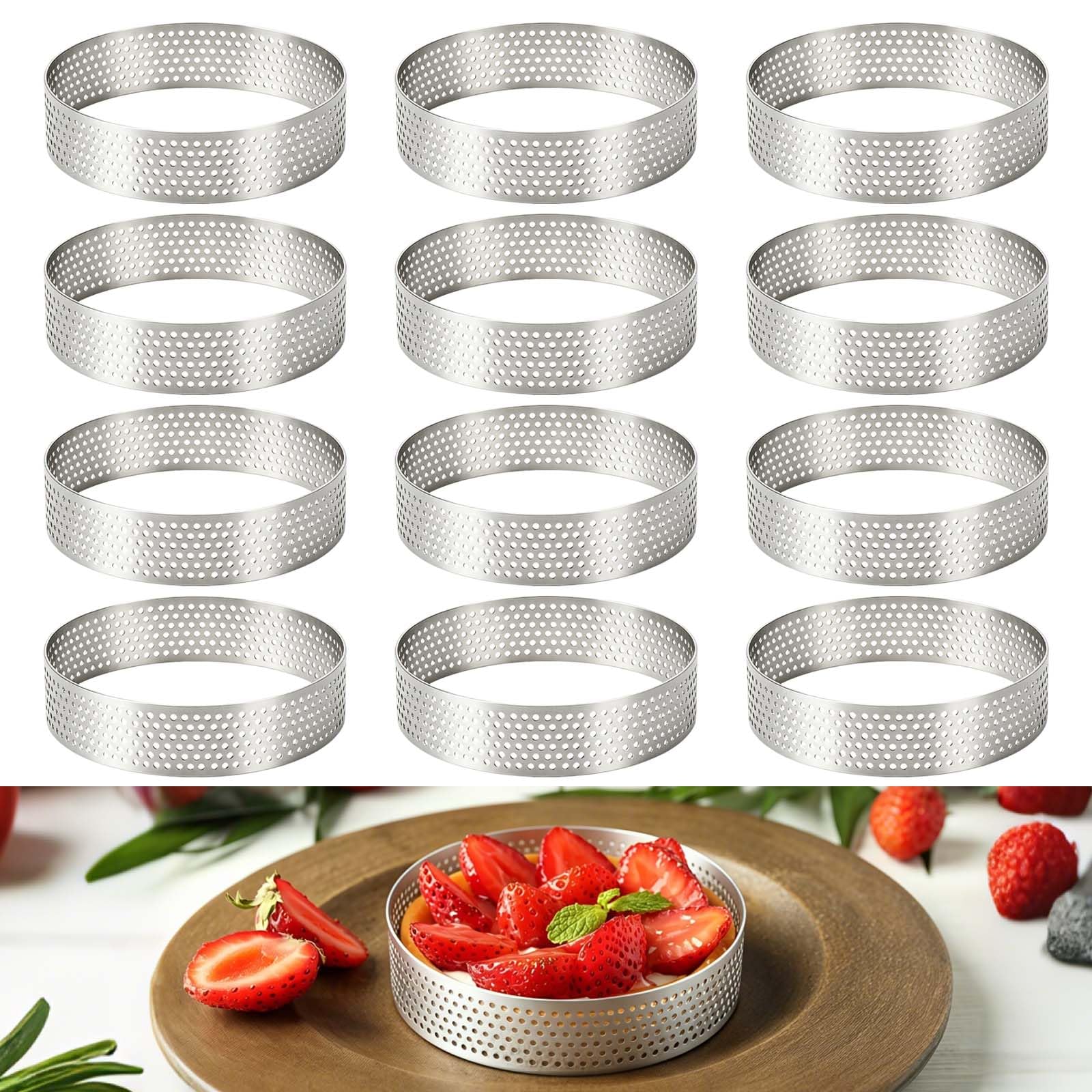 Cedryn 12PCS Crumpet Rings Non Stick 8CM Perforated Tart Ring Set Non Stick Perforated Baking Tart Ring 430 Stainless Steel Pastry Rings for Tarts Pastries Mini Cakes Mini Pizzas Muffins