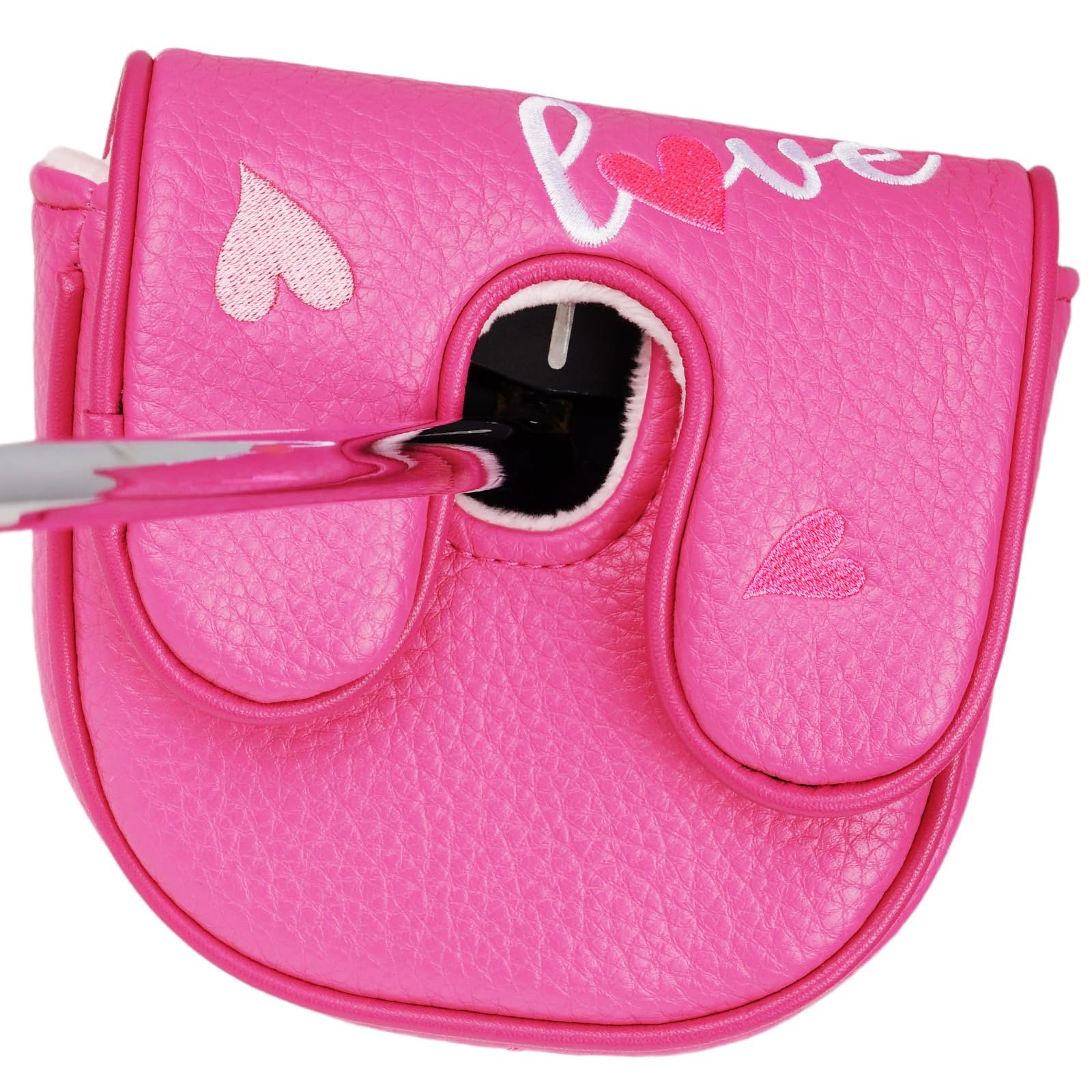 Golf DF3 Centre Shaft Mallet Putter Head Cover Headcover Magnetic Club Protector Pink PU Leather Love Heart Embroidery