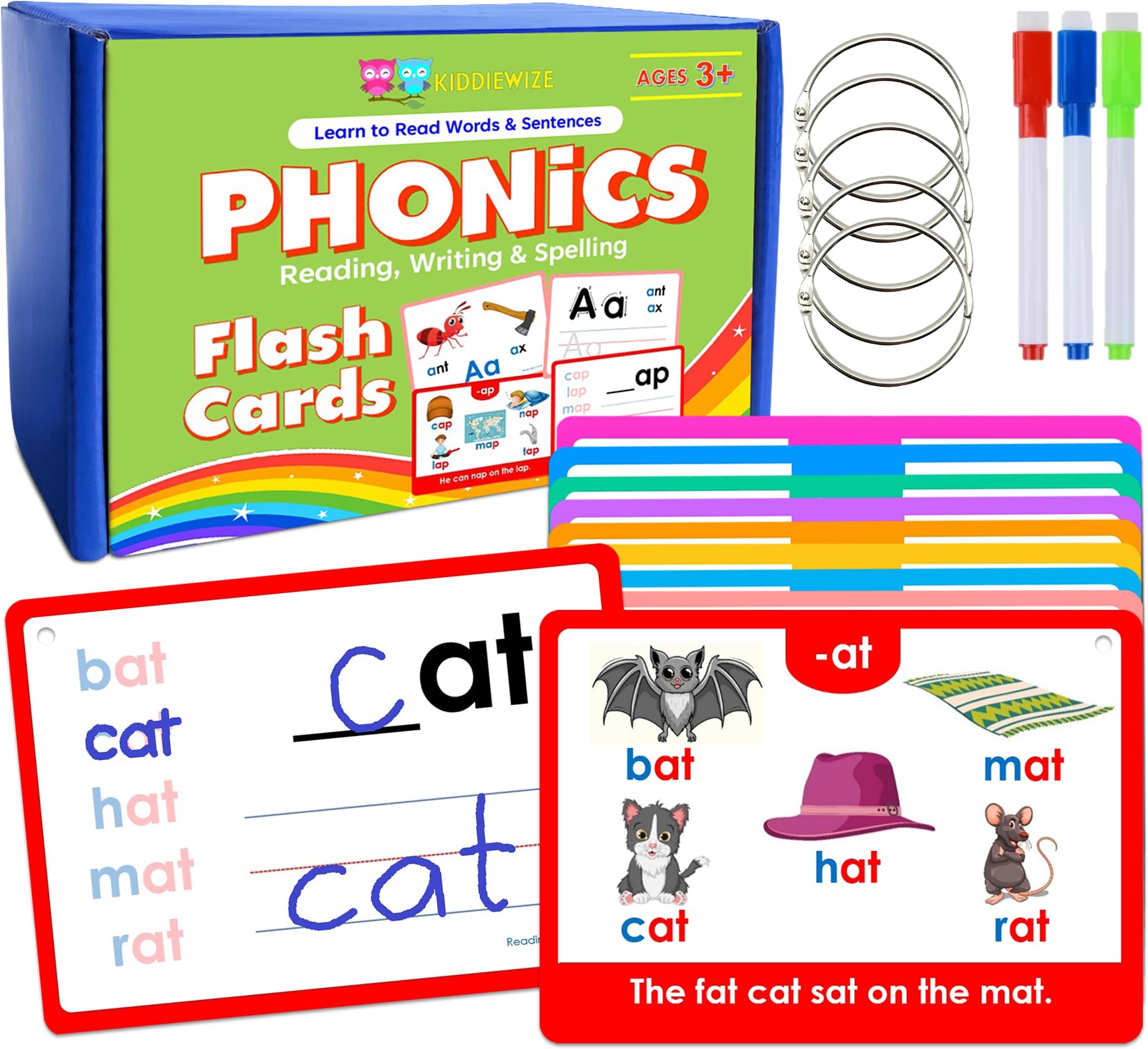 KIDDIEWIZE 154 Phonics Flash Cards for Kids, Over 530 Learn to Read Write Spell Words with Pictures and Sentences, ABC Letter Sounds, Decodable CVC Words, Blends and Digraphs Kindergarten Readiness