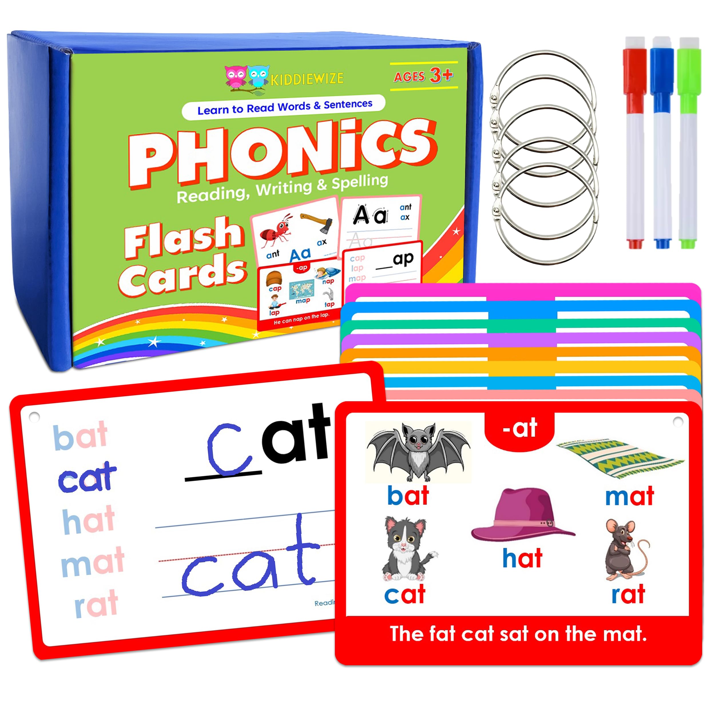 KIDDIEWIZE 154 Phonics Flash Cards for Kids, Over 530 Learn to Read Write Spell Words with Pictures and Sentences, ABC Letter Sounds, Decodable CVC Words, Blends and Digraphs Kindergarten Readiness