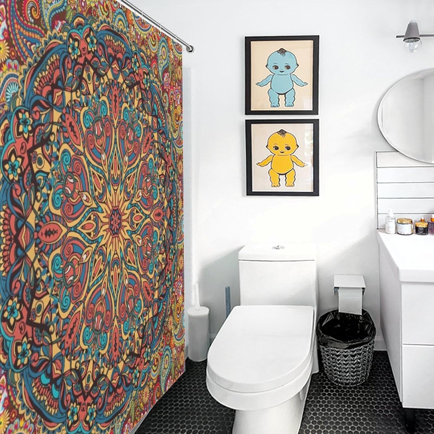 Hippie Shower Curtain, Indian Medallion Trippy Boho Mandala Paisley Aesthetical Art Decor Colorful Bohemian Waterproof Fabric Bathroom Shower Curtain Set with Hooks, 72"x84" Inch