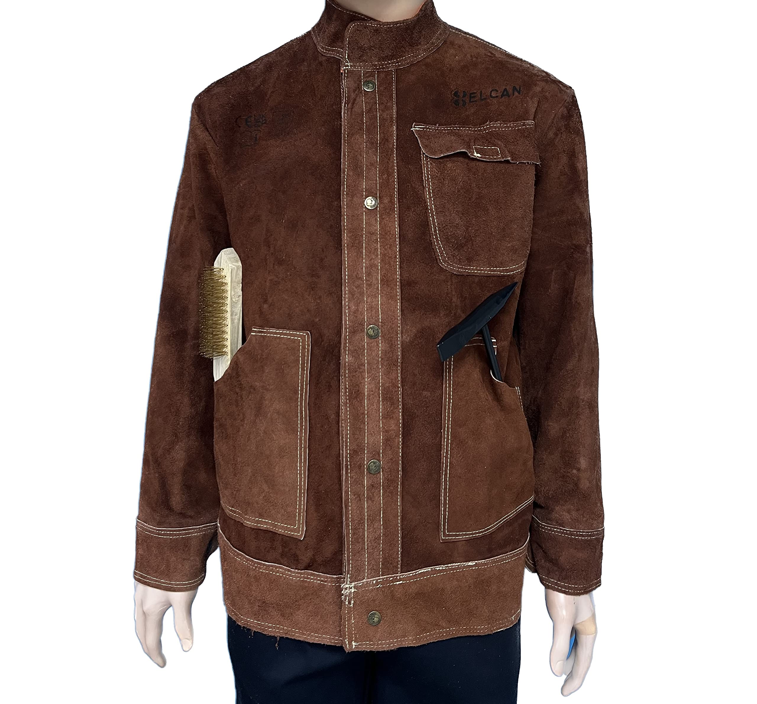 ELCAN Chaqueta de soldadura profesional de cuero marron ignífugo resistente al calor, ropa de trabajo para soldar electrodo, TIG, MIG, MAG, barbacoas, jardinería, chimeneas, hornos… (Talla XL)