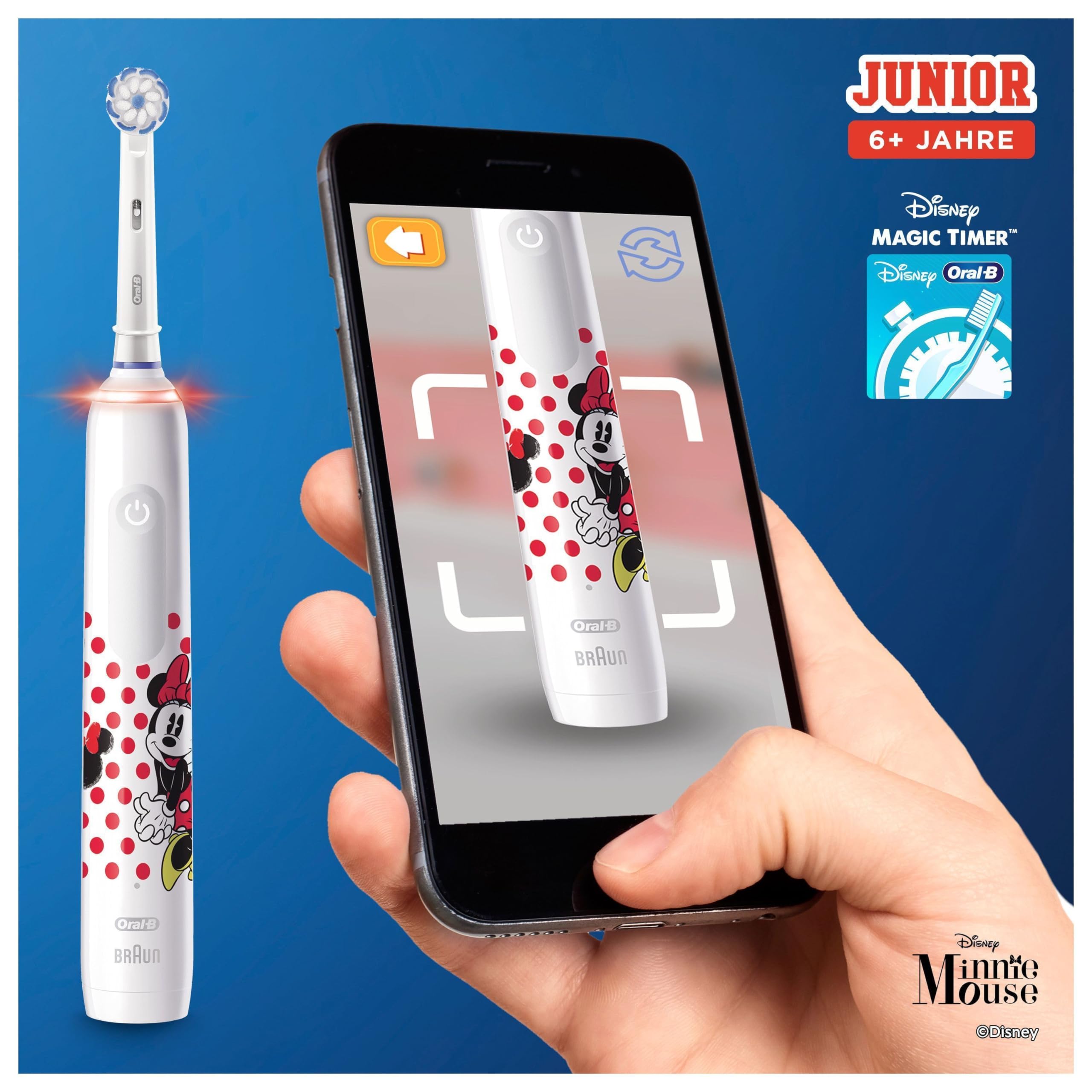 Oral-B Junior Minnie Mouse Elektrische Zahnbürste/Electric Toothbrush, Kinder ab 6 Jahren, 2 Aufsteckbürsten, 360°-Andruckkontrolle, 2 Putzmodi inkl. Sensitiv Zahnpflege, weiche Borsten, Timer, weiß
