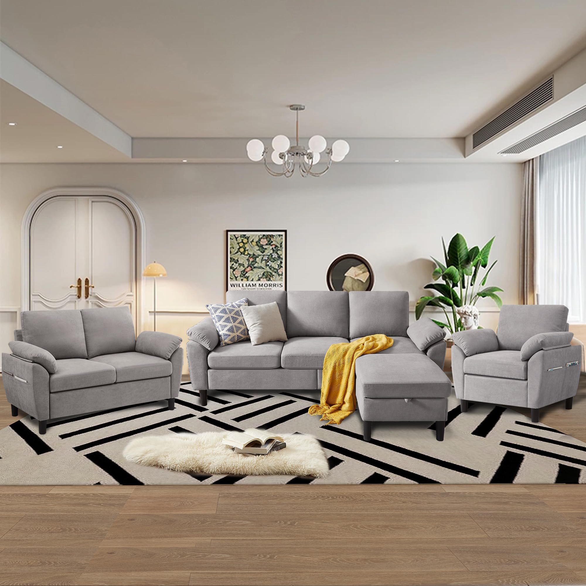 Chireca 4 Piece Convertible Sectional Sofa Set, Modern Linen Small L Shaped Couch with Reversible Chaise, 3-Seater Sofa & Loveseat & Armchair for