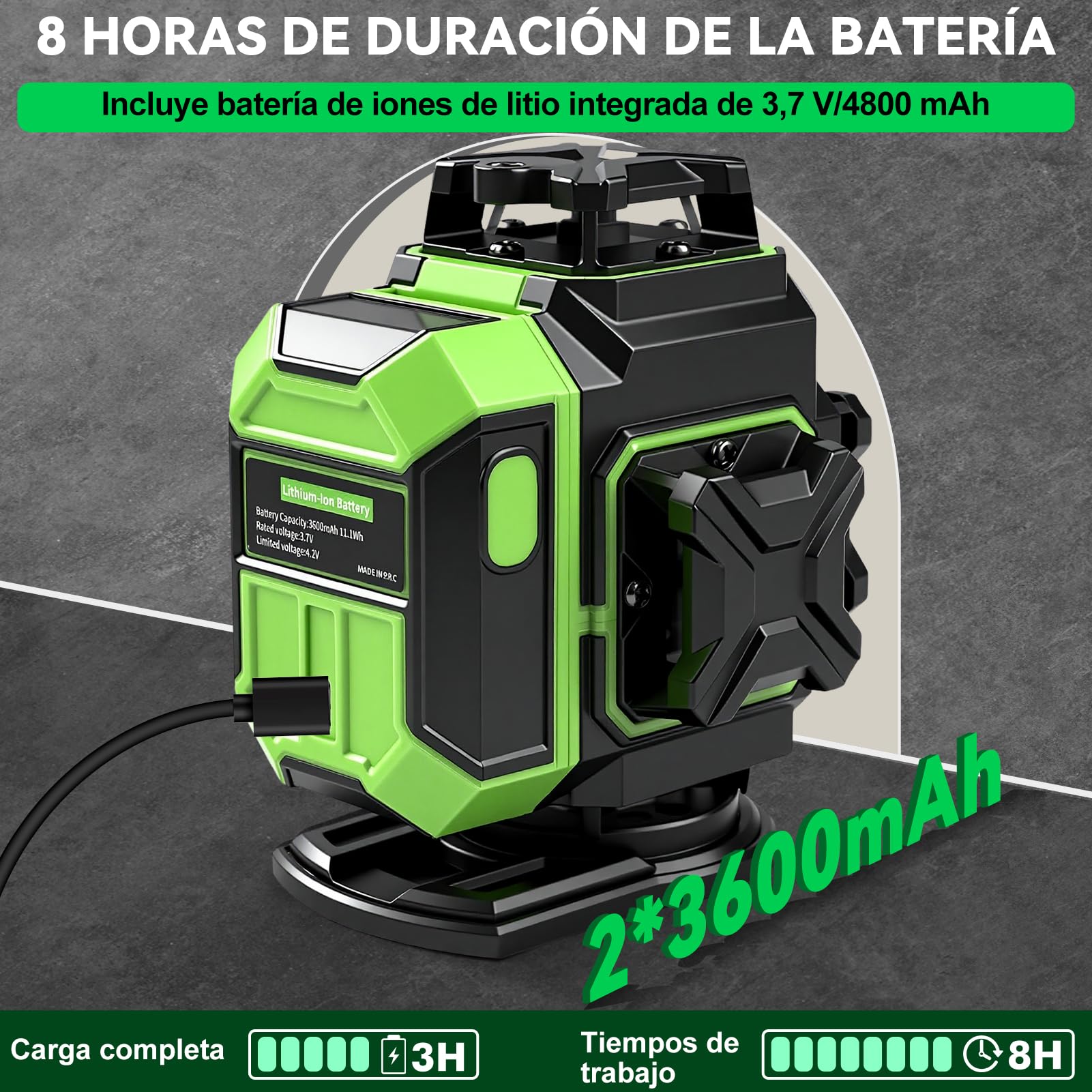Nivel Láser Verde, 4 x 360° Nivel Laser Autonivelante 360 Grados Con 2 x 3600mAh Batería,16 Línea Láseres de Verde Cruzada Herramienta de Nivelación Vertical/Horizontal Con Soporte de Trípode