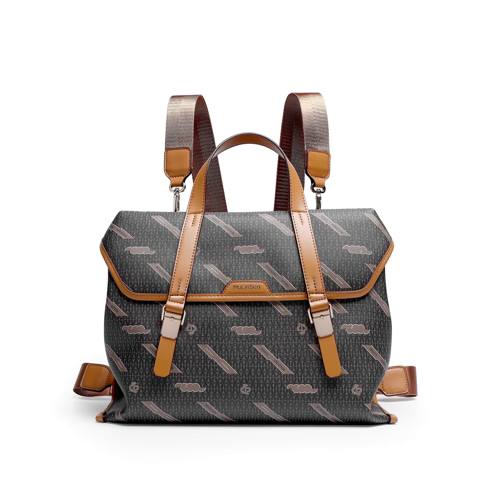 Brown Monogram Backpack Purse for Women Vintage Leather Convertible Satchel Tan Trim, Detachable Adjustable Straps and Spacious Compartment Storage for College, Commute, Shopping, Work, Weekend Travel
