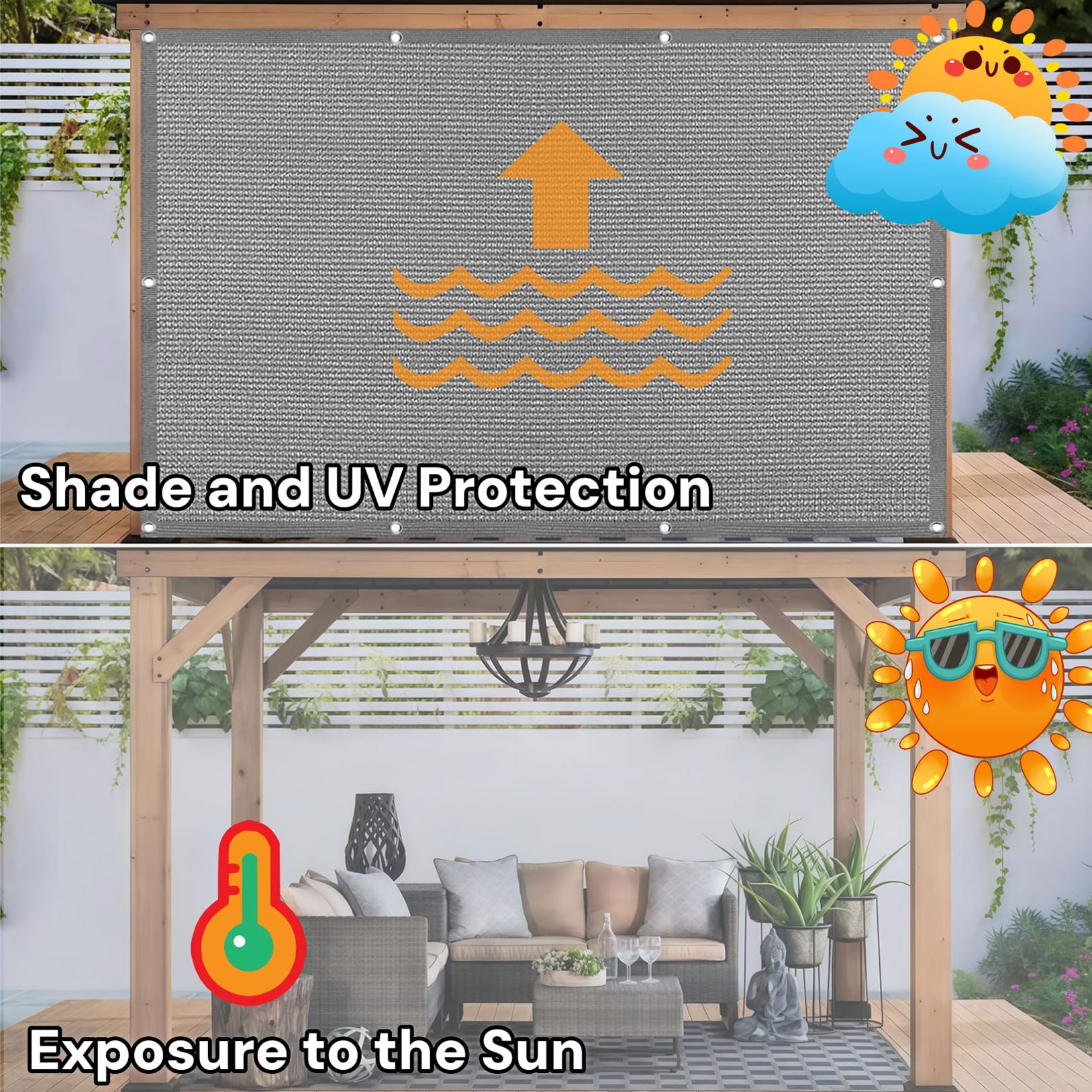 Voile d'ombrage 120 x 400 cm avec Œillets UV Protection Rectangulaire Voile Ombrage Auvent avec Œillets et Corde, Perméable à l'eau pour Patio, Jardin, Pergola, Serre, Gris Clair