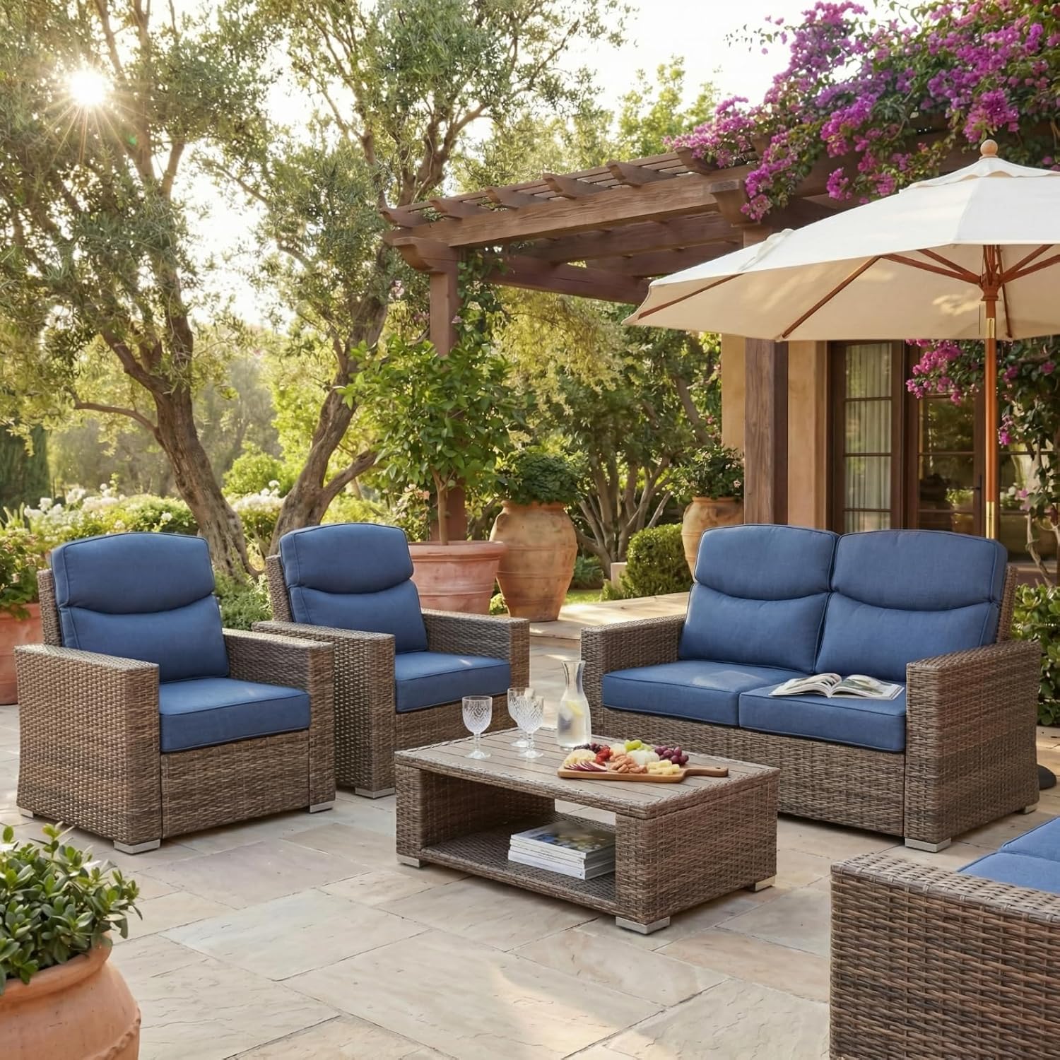 Juexica 2 Set Luxury Outdoor Chair Cushions 24"x24"x6" 30D High Density Foam Deep Seat Patio Cushions Set with Curved Back Support Waterproof UV Resistant Replacement for Wicker Rattan Furniture