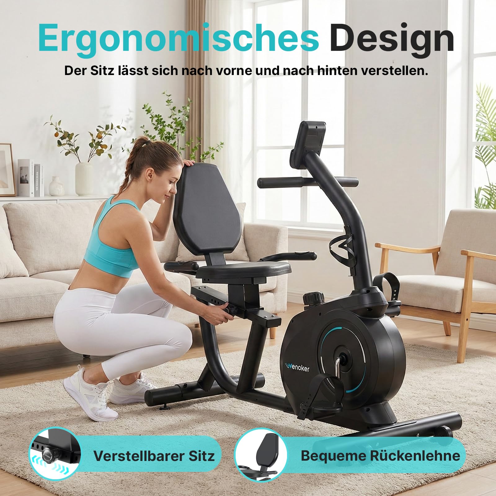 Wenoker Ergometer Liege- Heimtrainer mit Magnetbremse, Pulssensoren und LCD-Display, 16 Widerstandsstufen Bis 160KG, Sitzergometer mit Rückenlehne für Senioren