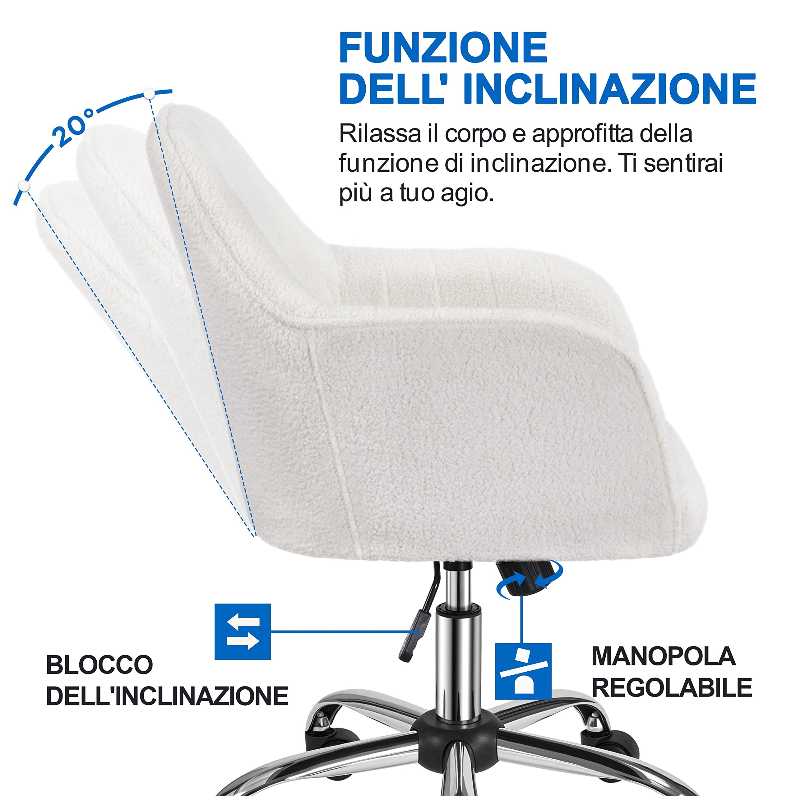 Yaheetech Sedia Scrivania Ergonomica Poltroncina Ufficio in Bouclé | Altezza Regolabile, con Braccioli, Girevole a 360°, Reclinabile 20°, Portata 136 kg, Avorio