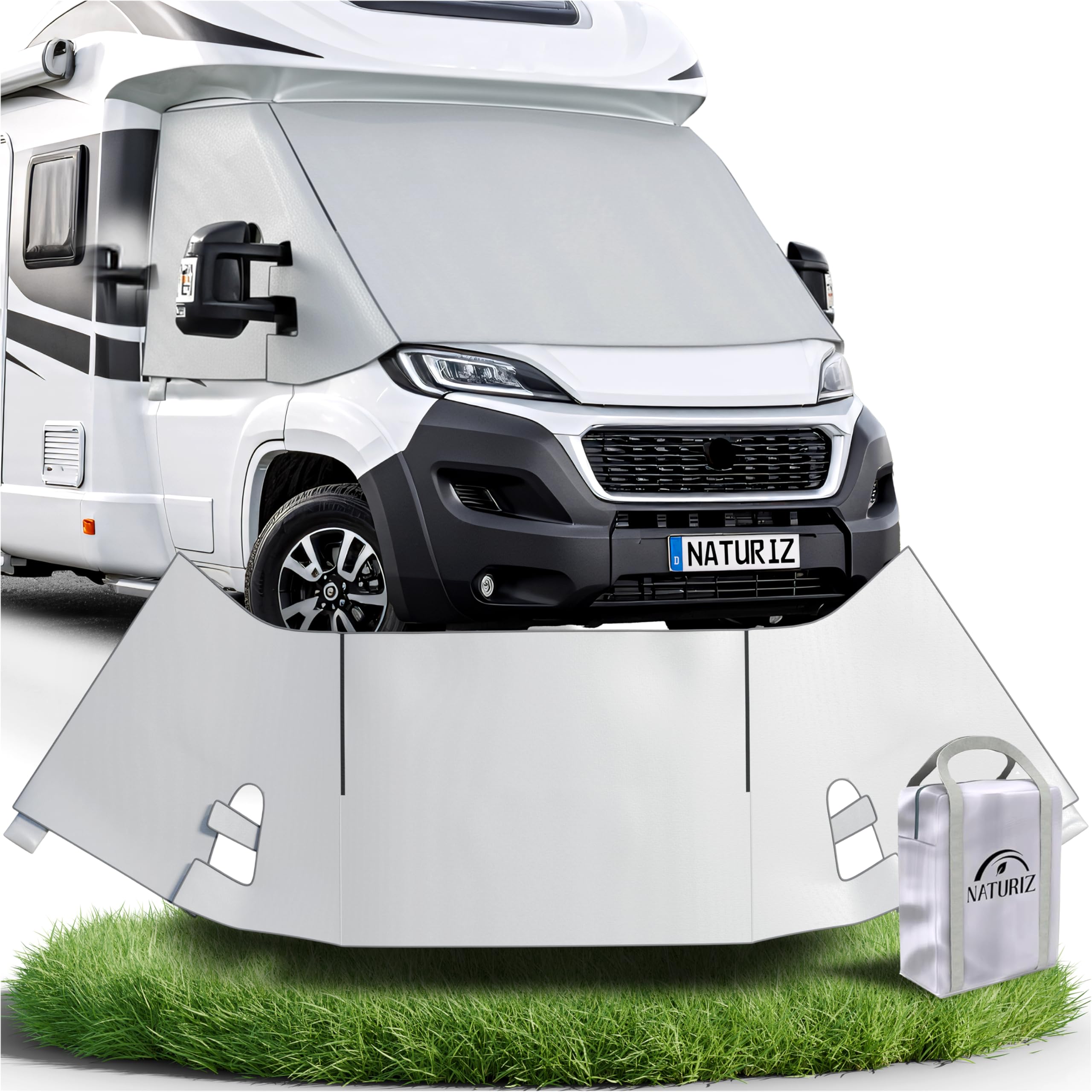 NATURIZ® FIAT Ducato Frontscheibenabdeckung – hochwertige, wetterfeste Thermomatte außen mit effektivem Sonnenschutz für Wohnmobile – passend für Ducato, Jumper, Boxer 2006–2025 (Grau)