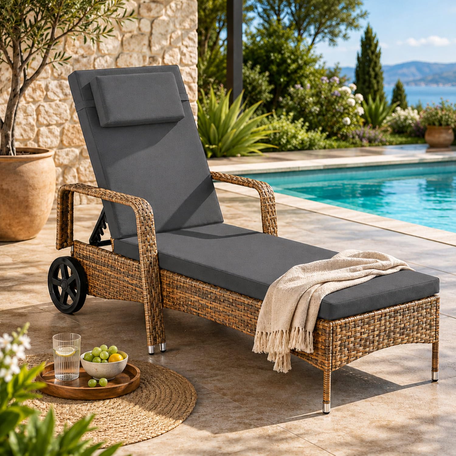 Lettino Prendisole Reclinabile In Polyrattan Con Schienale Regolabile In 6 Posizioni Cuscino Poggiatesta E Ruote Per Giardino Piscina Terrazzo 196 x 72 x 94.5 Cm Marrone Chiaro