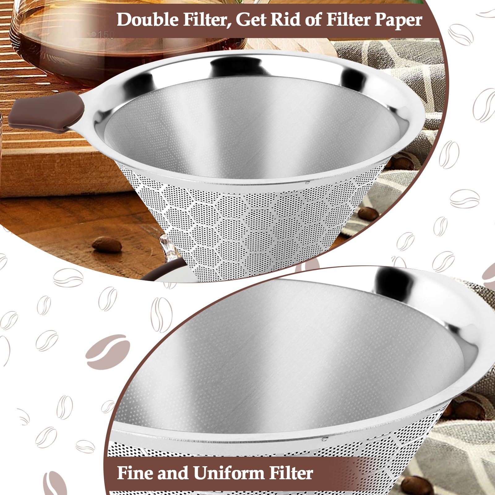 Filtro per caffè a versamento riutilizzabile in acciaio inox conico per caffè - Cina Filtro per caffè in acciaio inox con supporto, filtro in acciaio inox 304 per caffè