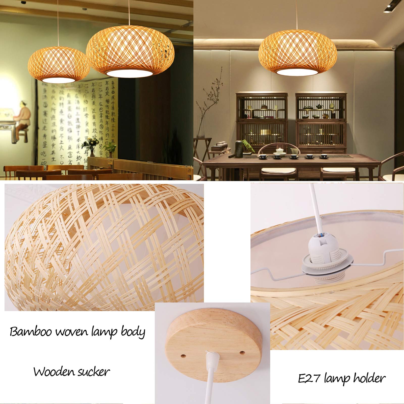 E27 lampa wisząca w stylu retro, naturalny bambus, ręcznie tkana, lampa wisząca, styl vintage, drewno, lampa sufitowa, regulacja wysokości, do jadalni, salonu, sypialni, kuchni, kawiarni, 50 cm