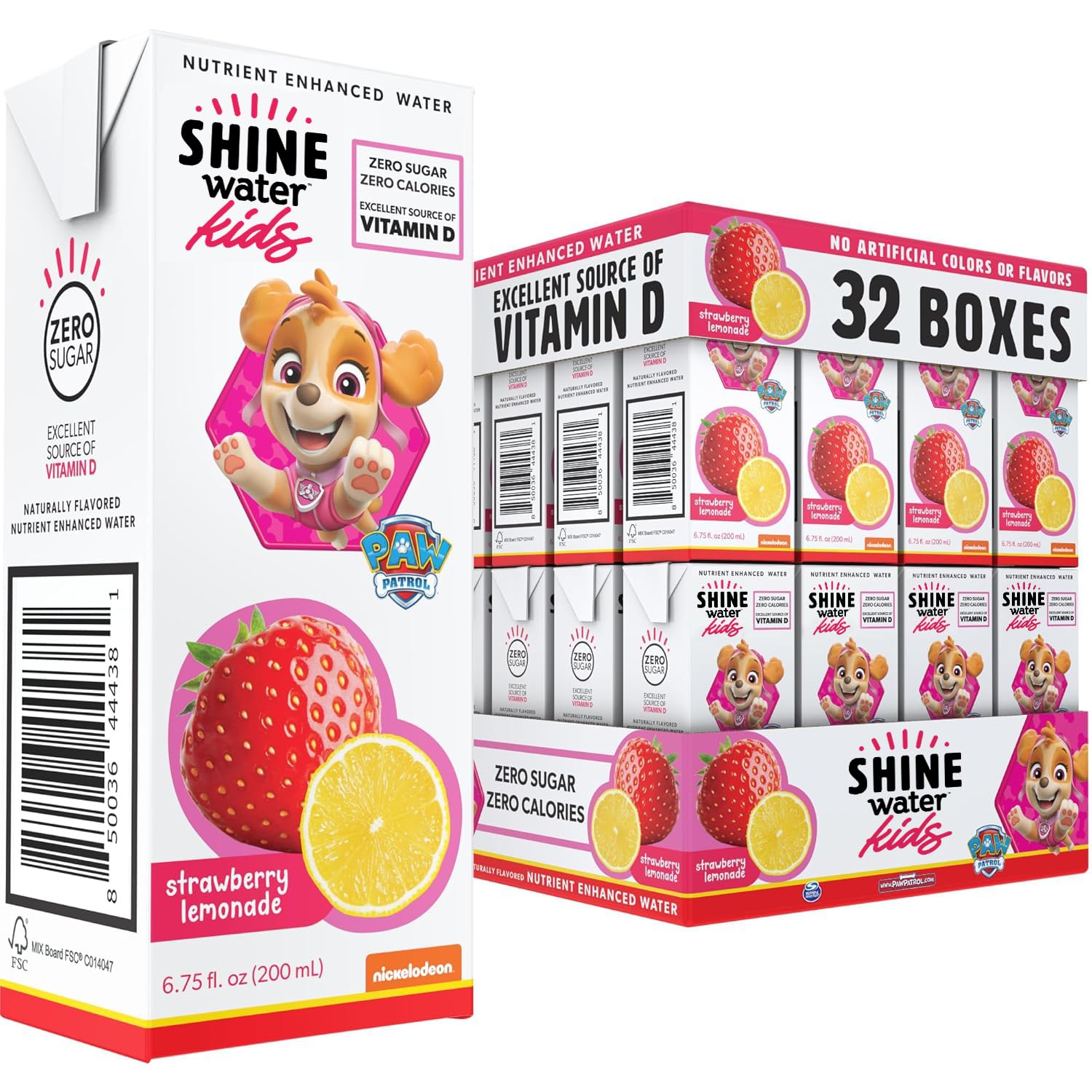 Shine Water x Paw Patrol Strawberry Lemonade Kids Juice Boxes with Vitamin D 32-Pack | No Added Sugar | Naturally Flavored Drinks for Kids | Vegan, Gluten Free, Zero Calorie Hydration