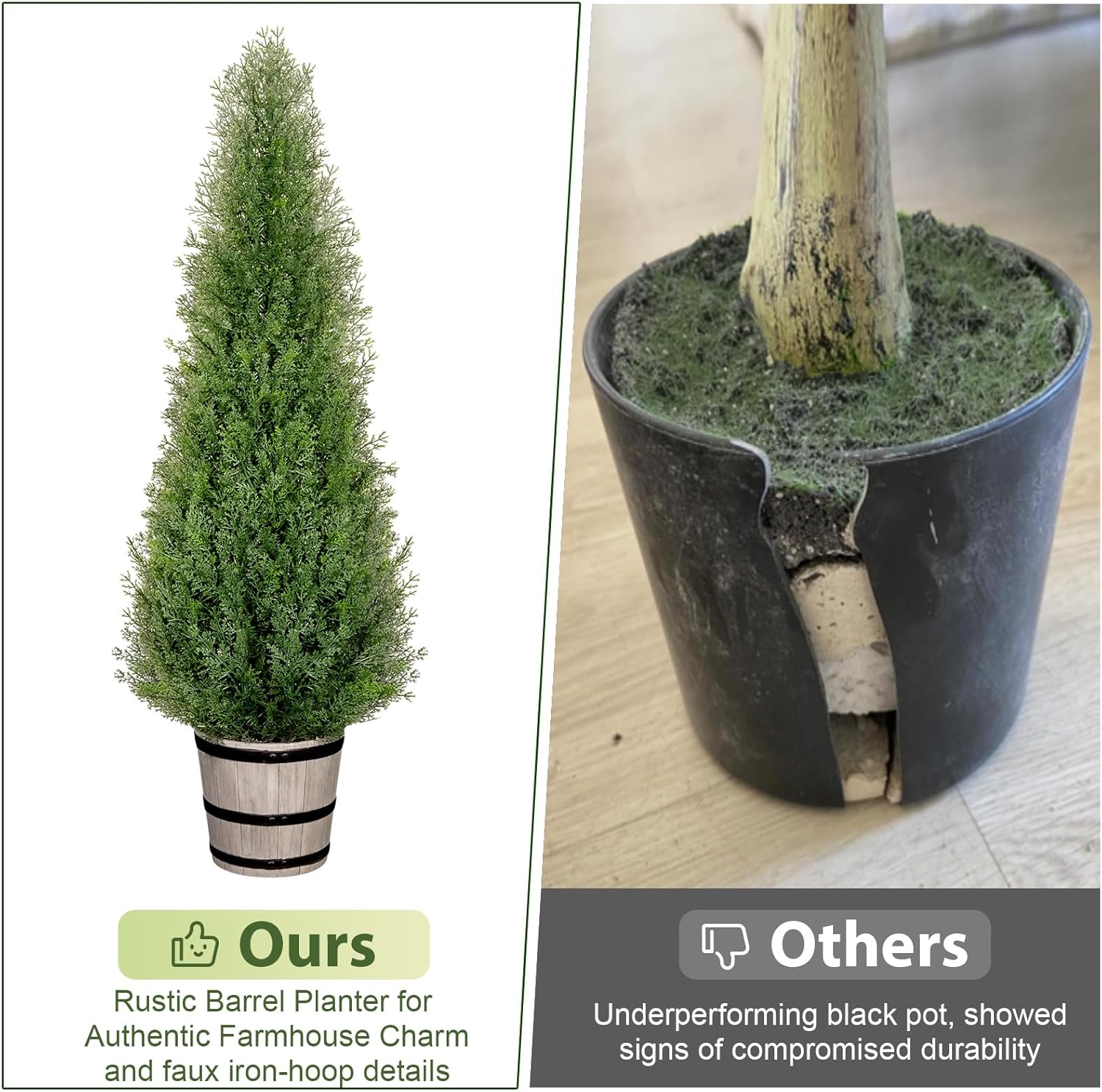 4FT Artificial Cedar Topiary Trees with Rustic Barrel Planter, Outdoor Indoor Realistic Faux Pine Shrubs Plants, Fake Cypress Trees for Home Offices Porch Decor, Set of 2 - Image 4