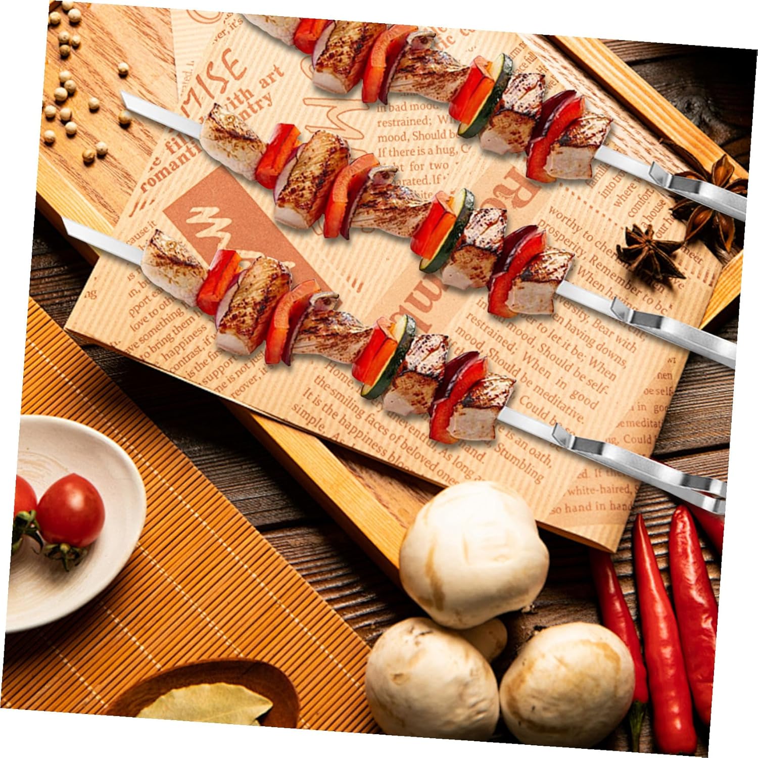 Stainless Steel Bbq Skewers with Wavy Flat Design Metal Kabob Skewers for Grilling Meat and Vegetables Reusable Outdoor Barbecue Roasting Needles with Base Holder for Easy Use