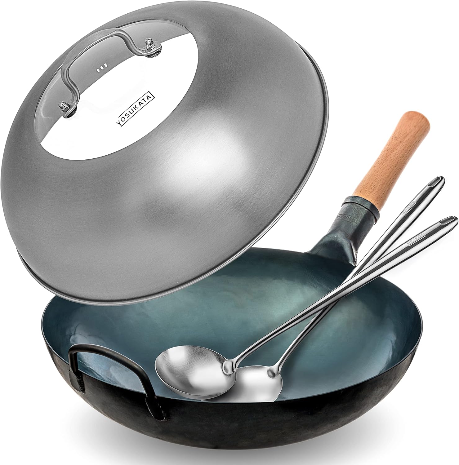 YOSUKATA Flat Bottom Wok Pan - 13.5" Blue Carbon Steel Wok + 17’’ Spatula and Ladle - Set of 2 Heat-Resistant Tools + Wok Lid 12.8 Inch - Thumbnail 4
