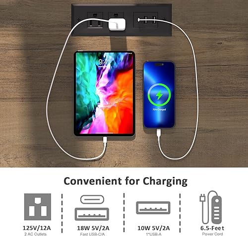 Miniatura 5 de Mesa auxiliar con estación de carga, carga rápida, mesa auxiliar de 24 pulgadas con almacenamiento, estante ajustable, mesa auxiliar de 18 pulgadas