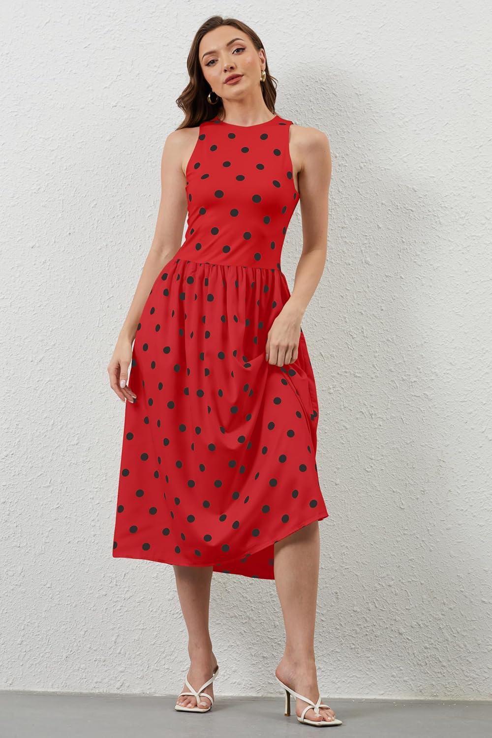 Women Summer Sleeveless Midi Dress Casual High Neck Patchwork Tank Sundress Flowy Boho A Line Dress with Pockets - Image 6