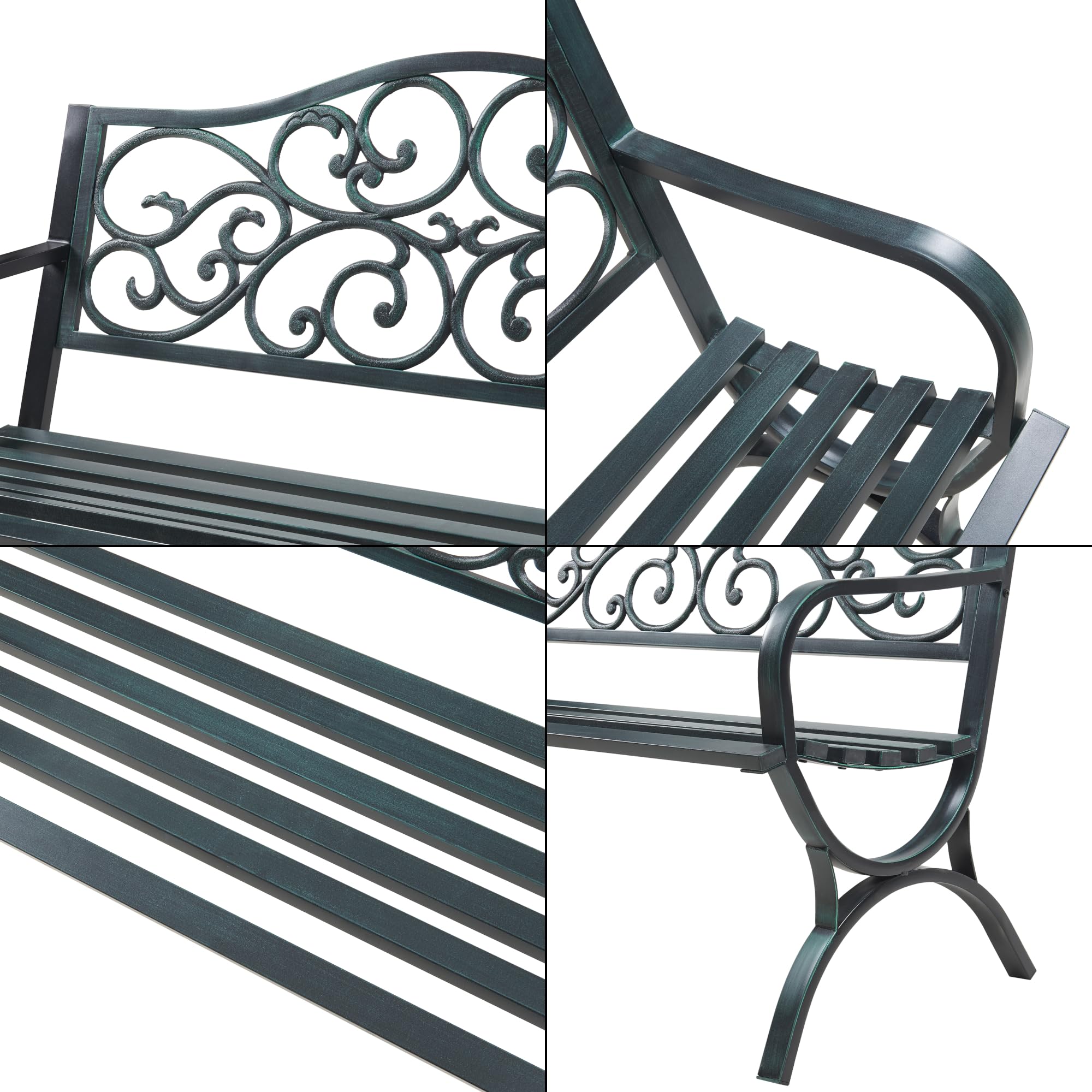casa.pro Banco de Jardín Exterior Utav Resistente Sofá de 3 Plazas con Respaldo y Reposabrazos Diseño Vintage para Terraza Patio máx. 300 kg Acero 127 x 53 x 79 cm - Gris Oscuro con Pátina Verde