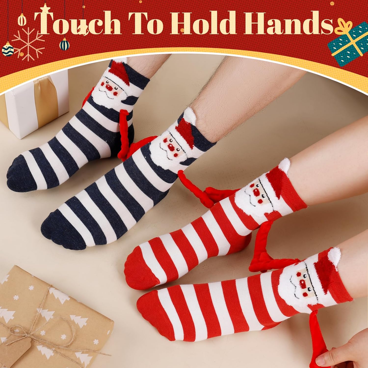 Jspupifip 4 Pairs Christmas Holding Hands Socks, Couple Funny Magnetic Suction 3D Doll Socks, Unisex Mid-Tube Cute Sock - Image 6