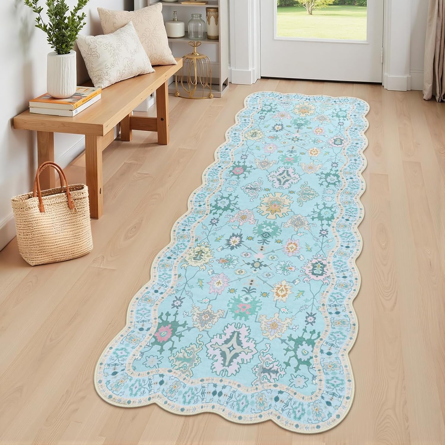 Oushak 3x5 Entryway Rugs, Boho Non Slip Vintage Floral Area Rug, Scalloped Low Pile Washable Accent Blue Carpet for Door Mat Indoor Entrance Kitchen Bedroom Beside