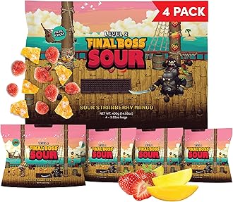 Sour Candy, Chewy Dried Strawberry & Mango, 4 Pack, Level 2, Sour Fruit Chews with Real Dried Fruit, No Artificial Colors or Flavors, Low Calorie Snack for Kids, Teens & Adults