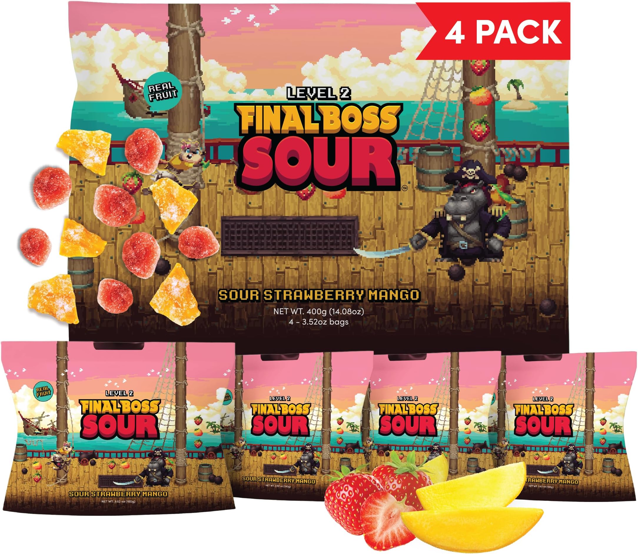 Final Boss Sour Candy, Chewy Dried Strawberry & Mango, 4 Pack, Level 2, Sour Fruit Chews with Real Dried Fruit, No Artificial Colors or Flavors, Low Calorie Snack for Kids, Teens & Adults