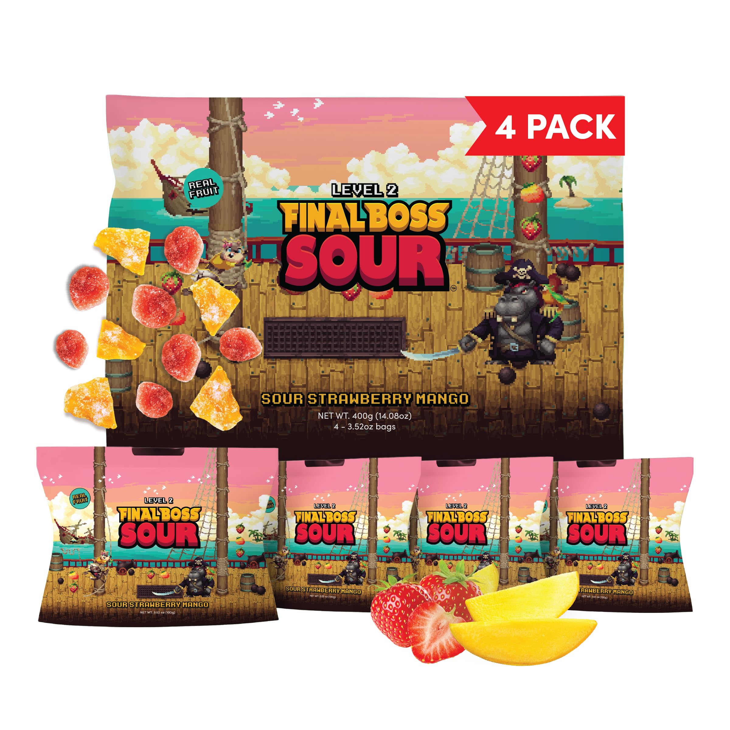 Final Boss Holiday Sour Candy, Chewy Dried Strawberry & Mango, 4 Pack, Level 2, Sour Fruit Chews with Real Dried Fruit, No Artificial Colors or Flavors, Low Calorie Snack for Kids, Teens & Adults