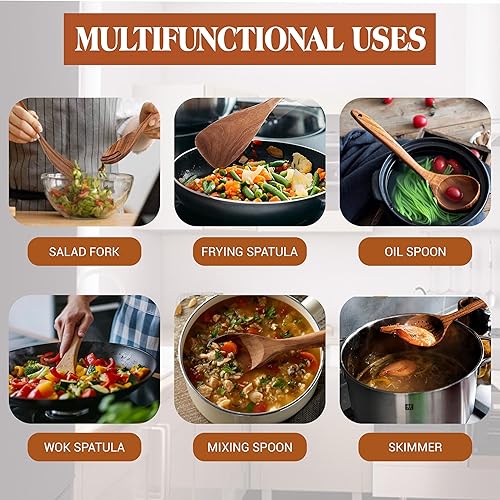 Miniatura 6 de KitchenClick - Juego de 9 cucharas de madera para cocinar, juego de utensilios de madera de teca con ganchos, soporte para cuchara, soporte