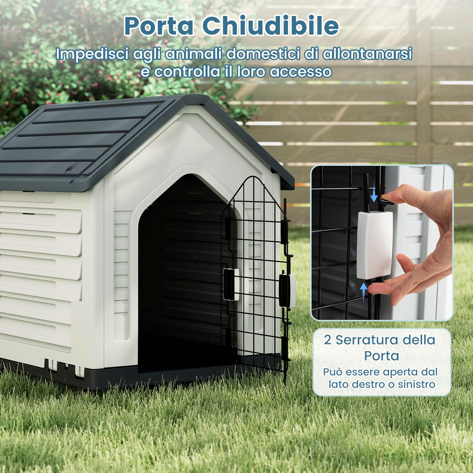 COSTWAY Cuccia per Cani da Esterno ed Interno, Casetta per Cani Impermeabile con Porta in Metallo Bloccabile e Prese d'aria e Tetto Spiovente, Cucce per Cuccioli per Casa, 66,5 x 52 x 60 cm (Grigio)