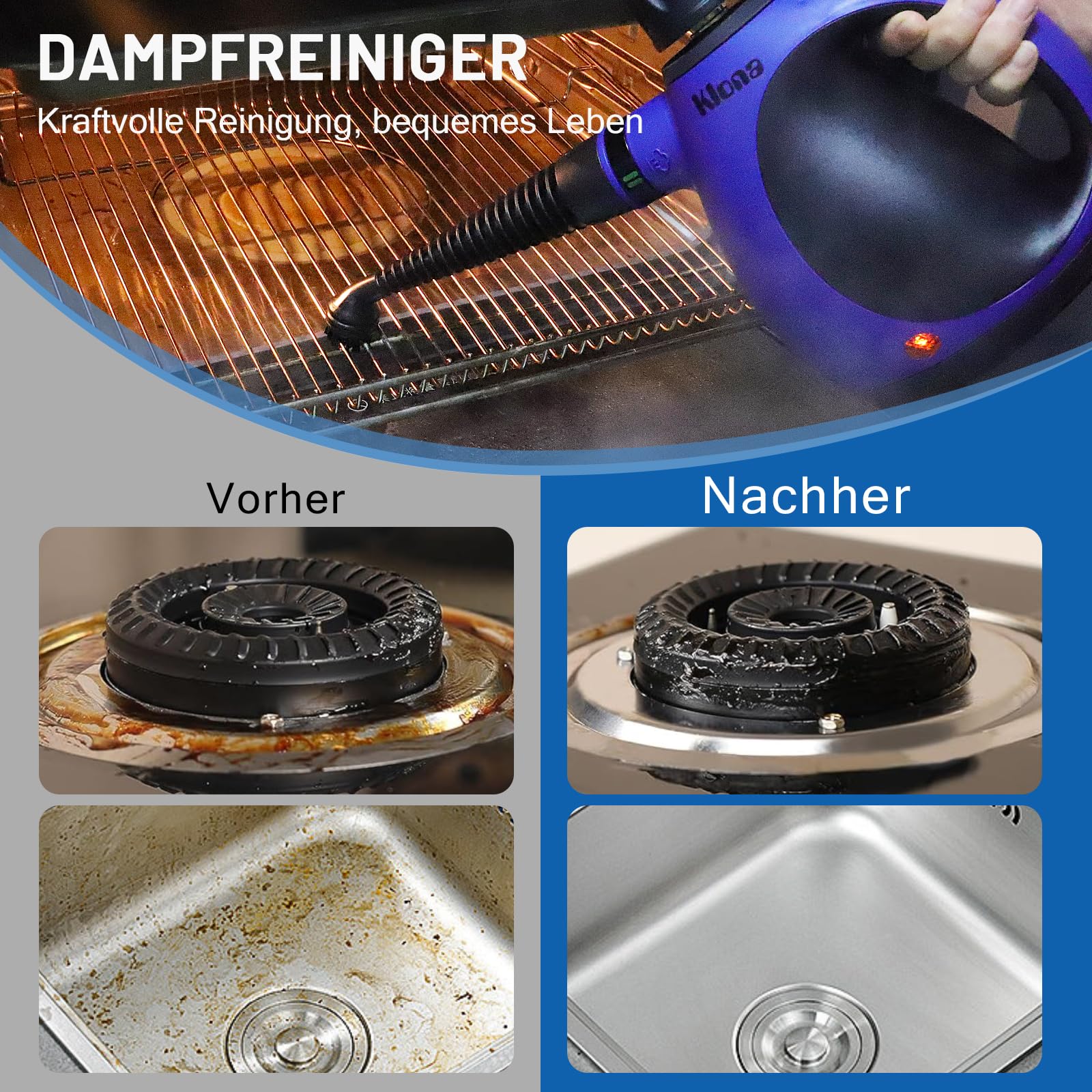 KLONA Dampfreiniger Handgerät, Steam Cleaner mit 10 Zubehör | für Teppiche, Fliesen, Sofas, Bad, Küche | Schmutz Bakterien Fett | 3 Min Schnellheizung | Dampfdruck: 3.2 bar | chemiefrei
