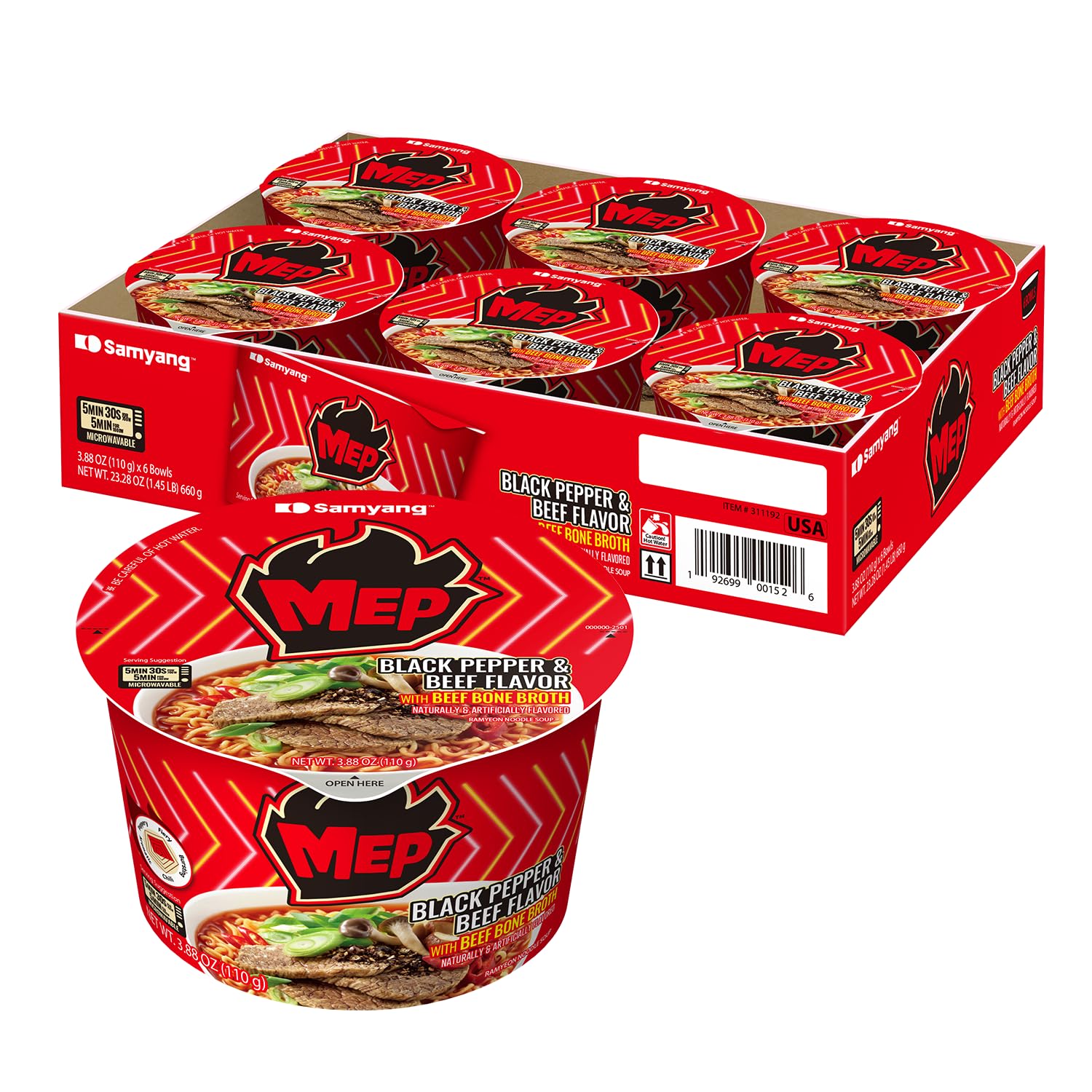 MEP Black Pepper Beef Korean Spicy Ramen Noodle Soup, 3.88 oz Bowls 6-Pack