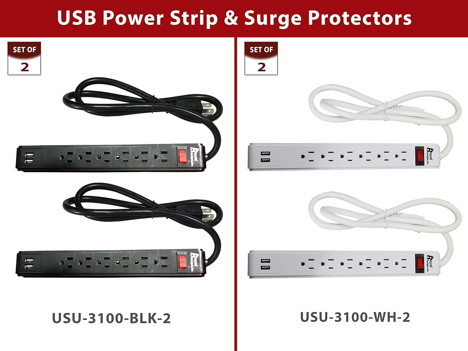 Royal Designs 6 Outlet Surge Protector Power Strip 3 Foot Long Extension Cord with 2 USB Ports, 300 Joule, Black, Set of 2