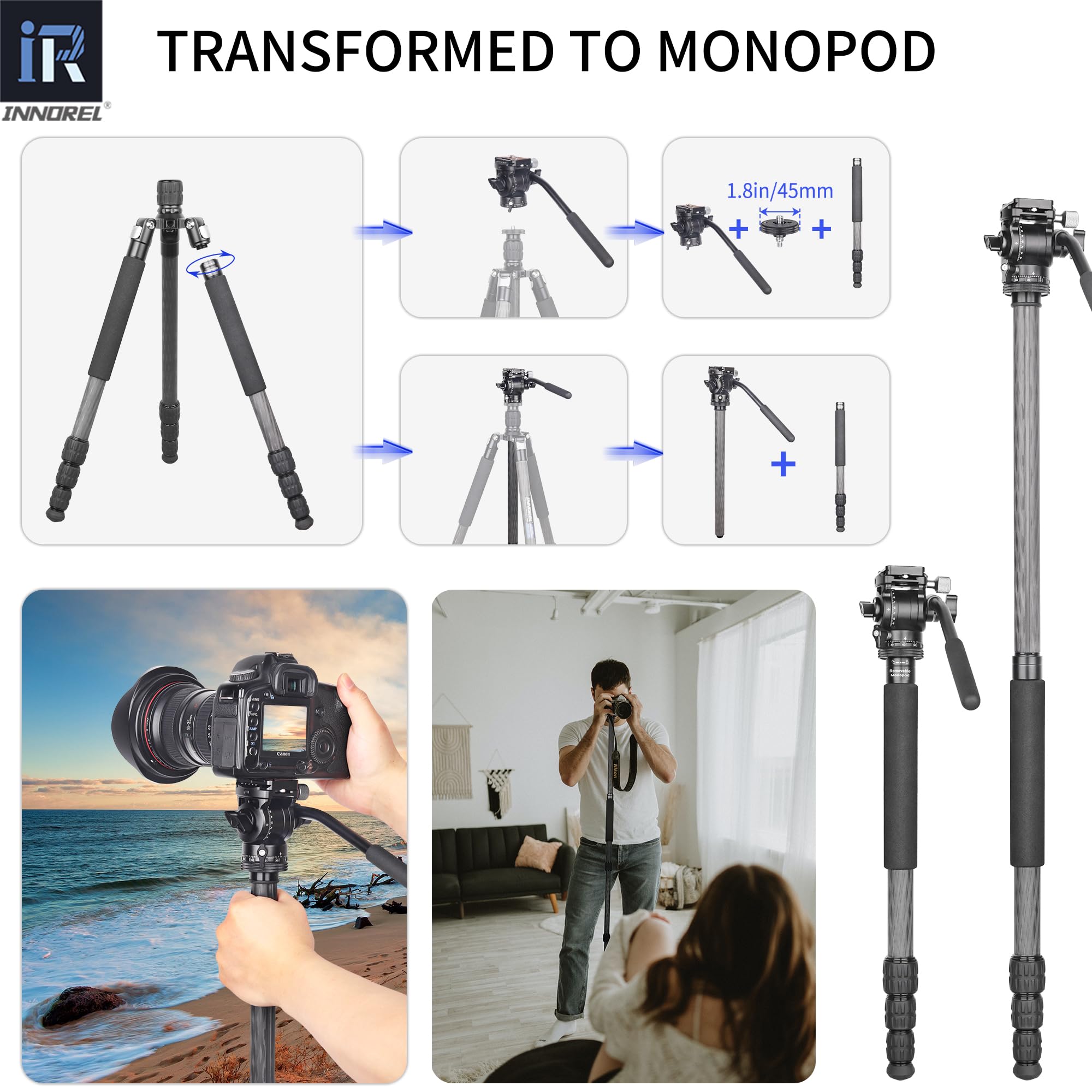 INNOREL RT45C+F10 - Trípode portátil de fibra de carbono de 10 capas profesional, compacto, ligero, trípode para cámara réflex digital, videocámara con mini cabezal de video fluido de amortiguación