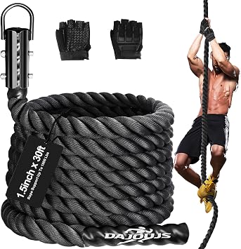 Climbing Rope Gym Workout - 1.5 Inch Dia 10FT 15FT 20FT 25FT 30FT 35FT 40FT 50FT Heavy Duty Work Out Rope Exercise Climbing Ropes for Adults Kids Fitness & Strength Training Outdoor & Indoor - Black