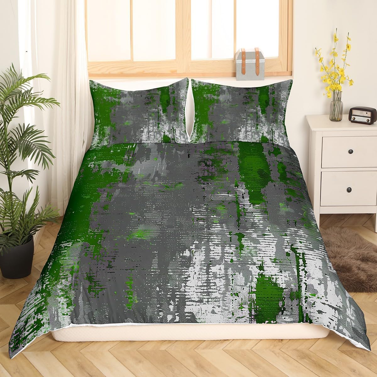 Abstract Marble Duvet Cover Set Toddler Size,Gray and Green Bedding Set for Kids Boys Girls Room Decor,Retro Tie-dye Comforter Cover,Watercolor Quilt Cover with 1 Pillowcase(No Comforter)