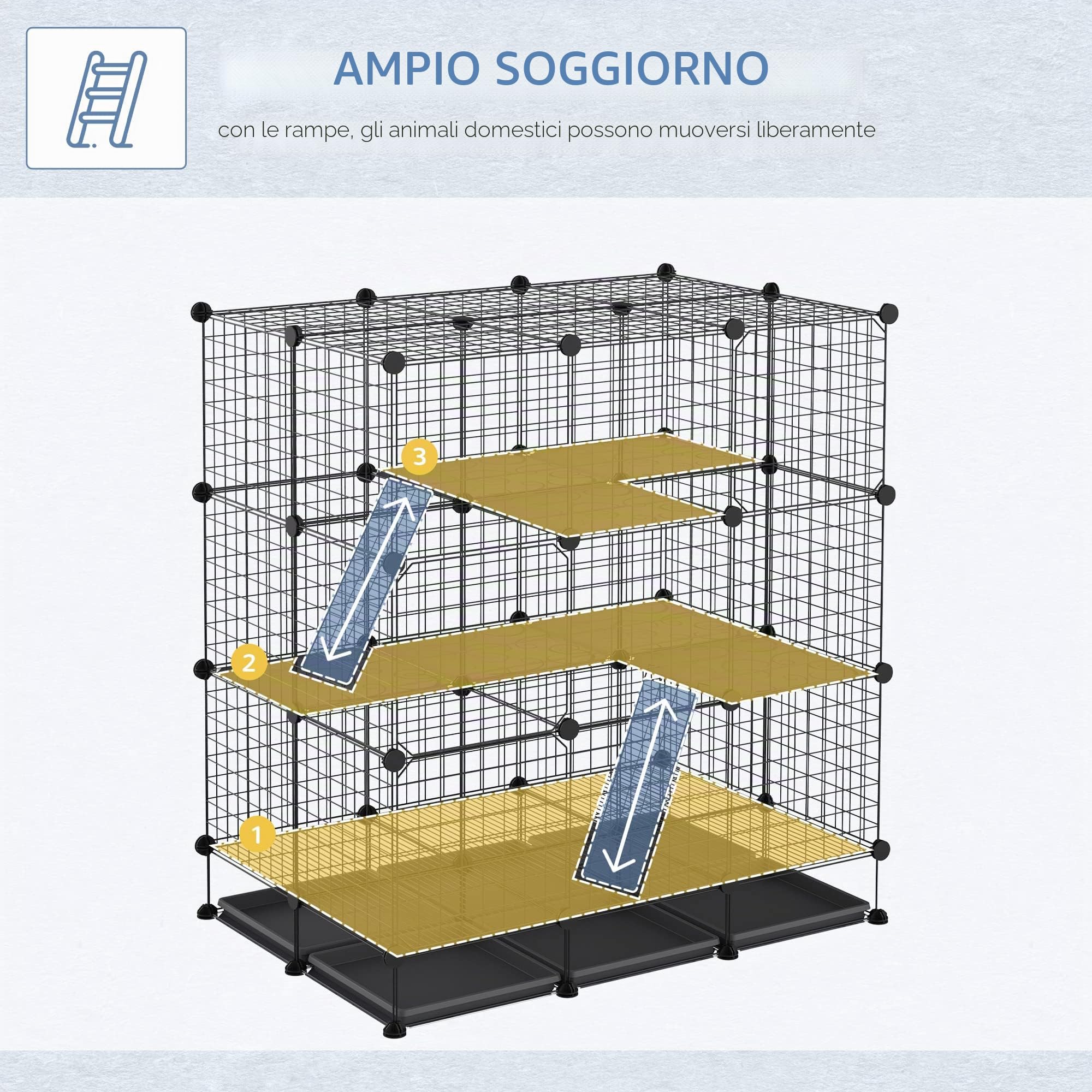 PawHut Recinzione Metallica per Piccoli Animali Montaggio Fai-da-Te Parco Metallico Smontabile a 3 Livelli Gabbia per Animali Domestici Piccoli 111x75x119 cm Nero
