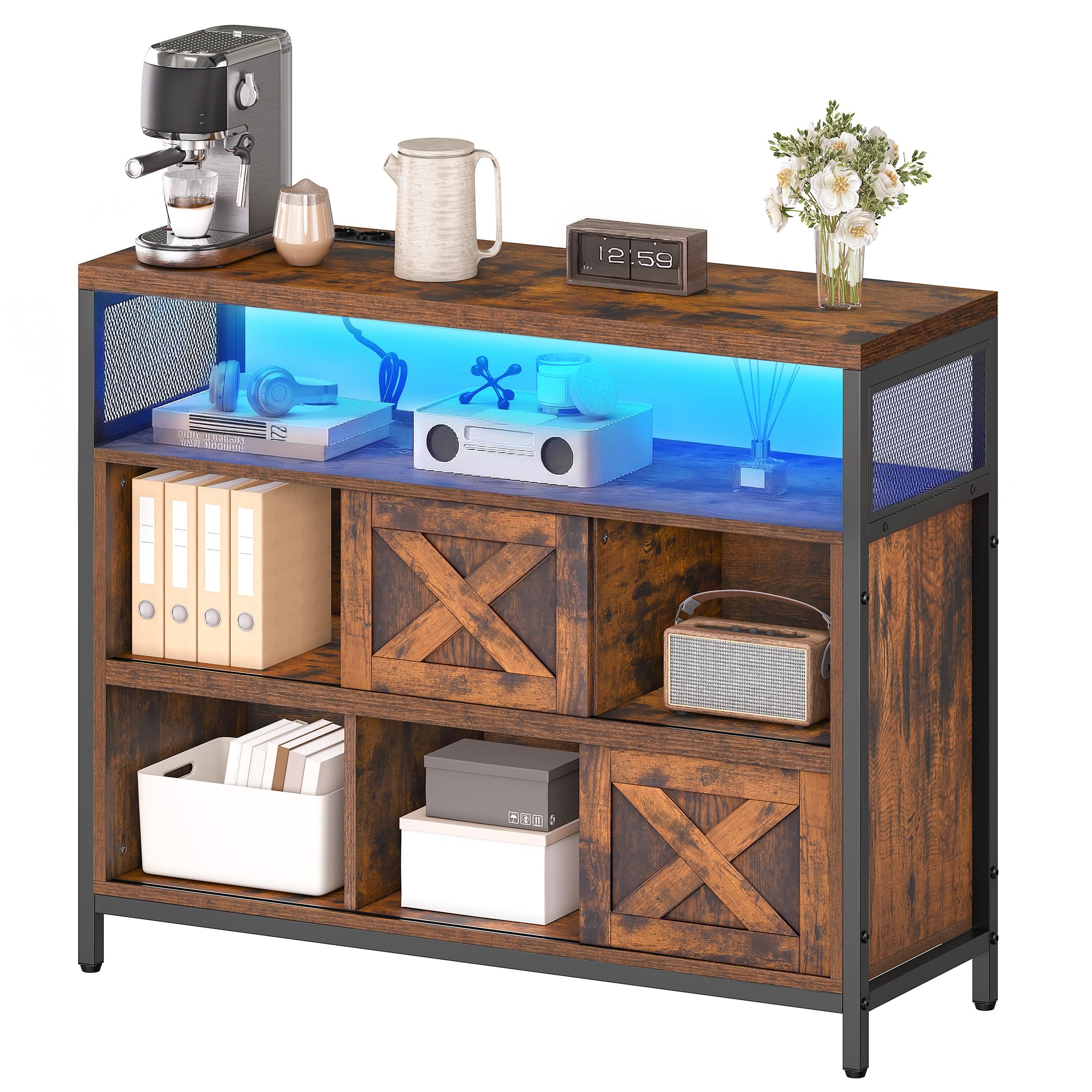 YITAHOME Sideboard mit LED und Steckdosen, Kommode mit Schiebetüren