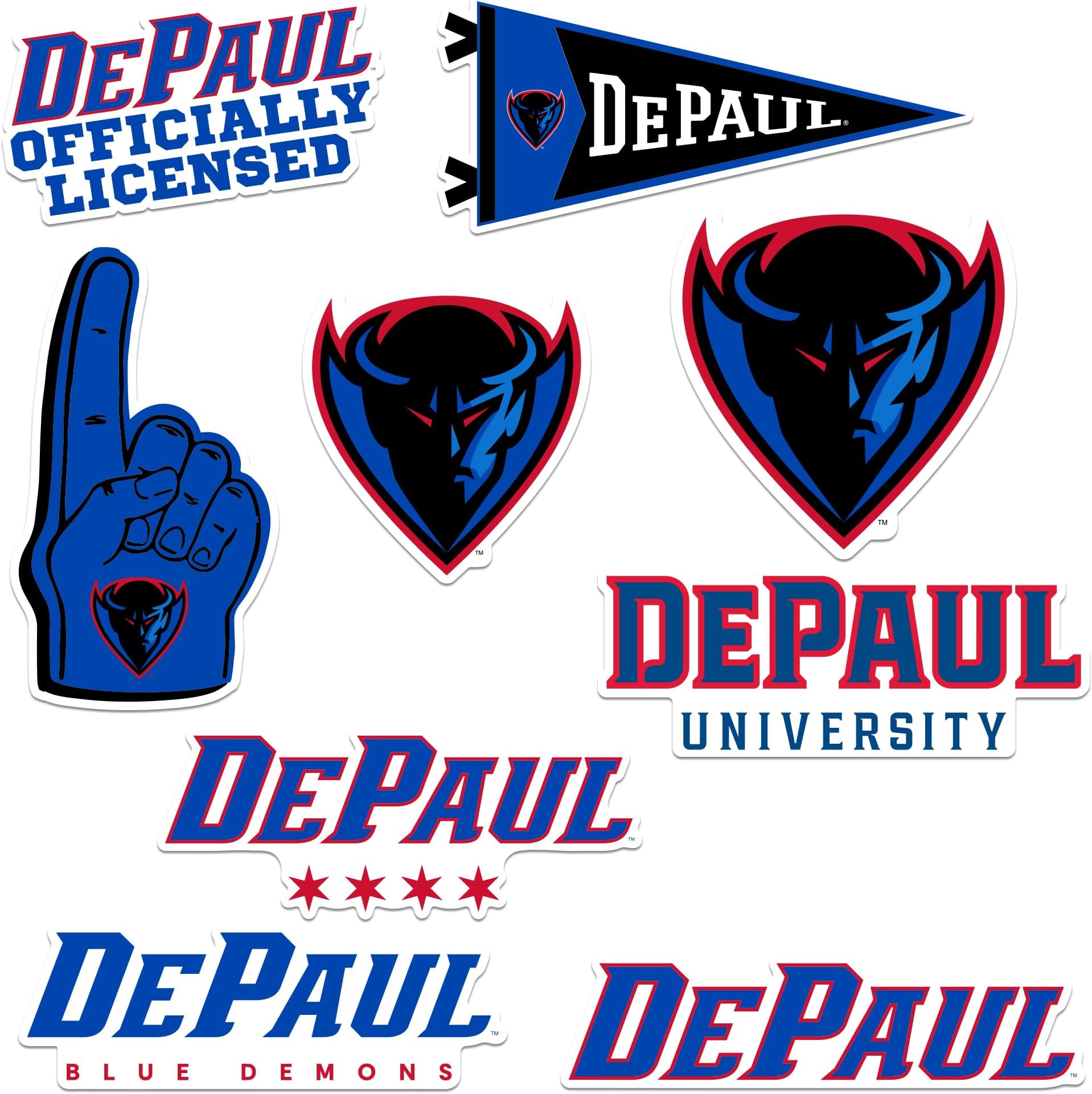 DePaul University 8ct Vinyl Large Deluxe Stickers Variety Pack - Laptop, Water Bottle, Scrapbooking, Tablet, Skateboard, Indoor/Outdoor - Set of 8