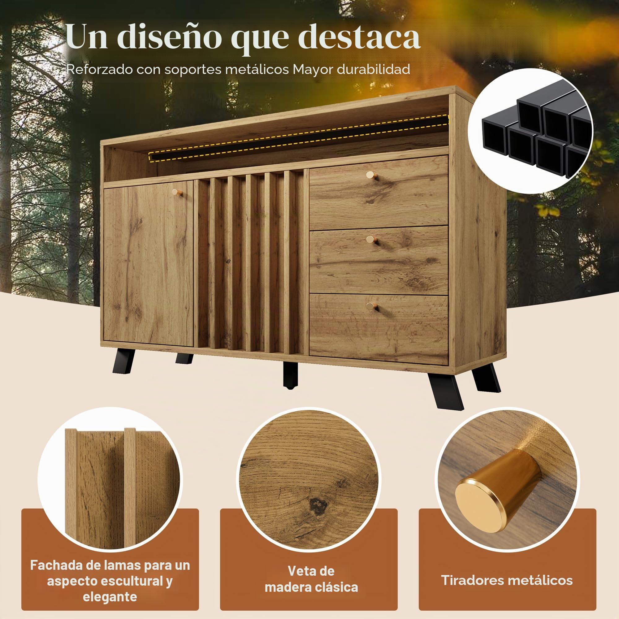 Merax Aparador con compartimento abierto y fachada de láminas, 3 cajones 2 puertas, aparador de madera con estantes ajustables en altura, estilo vintage, roble oscuro/120x40x85 cm